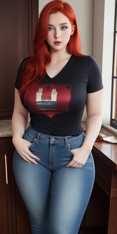 Masterpiece, best quality, 1girl, solo, 32 years old, adult, redhead, blue eyes, voluptuous, curvy, 187cm, pale skin, seductive expression, red wine tshirt v neck, tight jeans, (THICK THIGHS:1.2), full body photo