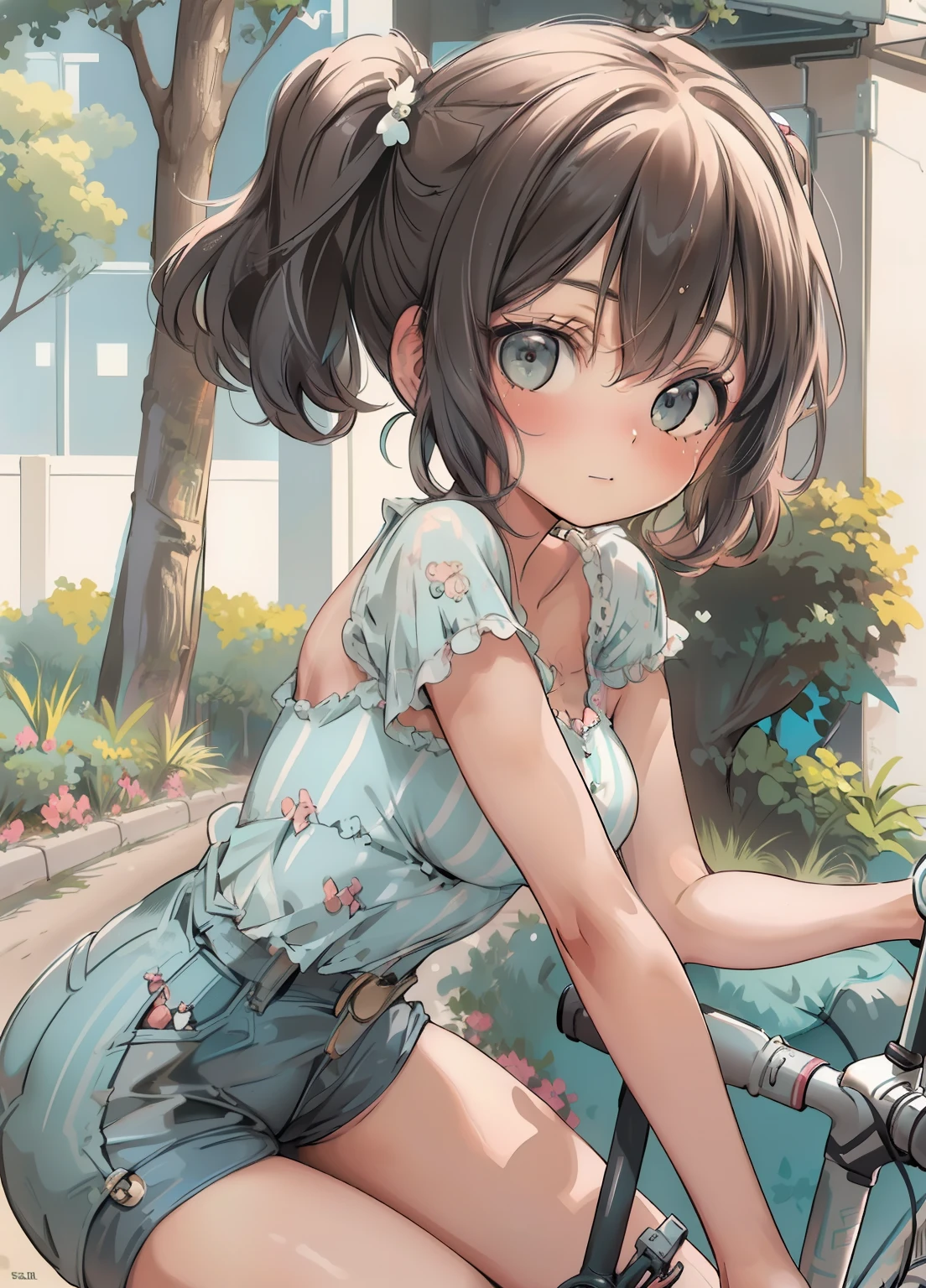(masterpiece、Highest quality、Highest quality、Official Art、Beautiful and beautiful:1.2)、(One girl:1.3)Hatsune Miku、Twin tails,Beautiful breasts, A woman in her fifties riding a bicycle wearing high-rise booty shorts and a striped shirt, Fine art, pin up, pin up, 50s Style, pin up, pin up, pin up body, girl pin up, vintage pin up, レトロな50s Style, pin up girl, sophia loren, photo of sophia loren, young sophia loren, Her bike has two wheels, The rear wheel of the bike takes up most of the frame in the foreground of the image,