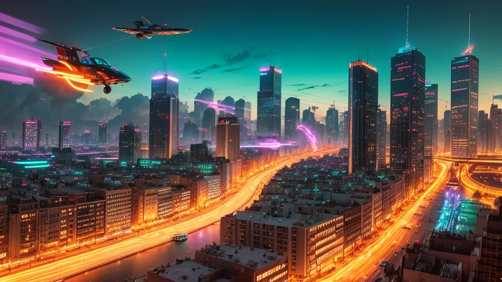 colorful city, Bâtiments futuristes, flying cars, neon, big fire'Artifice, ruas lotadas, Lively atmosphere, happy people celebrating, superb horizon, advanced technology, skyscrapers, Panels'holographic display, swirly vibrant colors, Dynamic energy, festive decorations, Advanced Transportation, Dazzling light show, blissful atmosphere, modern architecture, vibrant urban landscape, people wearing futuristic clothes, atmosphere, catchy music, gadgets high-tech, city illuminated with bright lights, Scène énergique et vibrante, celebration of'a new department, futuristic cityscape, Technological advancements, festive spirit, anticipation d'un future radieux, atmosphere otimista, designs vanguardistas, immersive experience, a fire'Artifice spectaculaire, Aerial view of the city, Busy street markets, positive energy, unity and coexistence, happy moments, a feeling of'wonder and'excitement, wonderful show, A city that renews itself with infinite possibilities, wait for me'future.