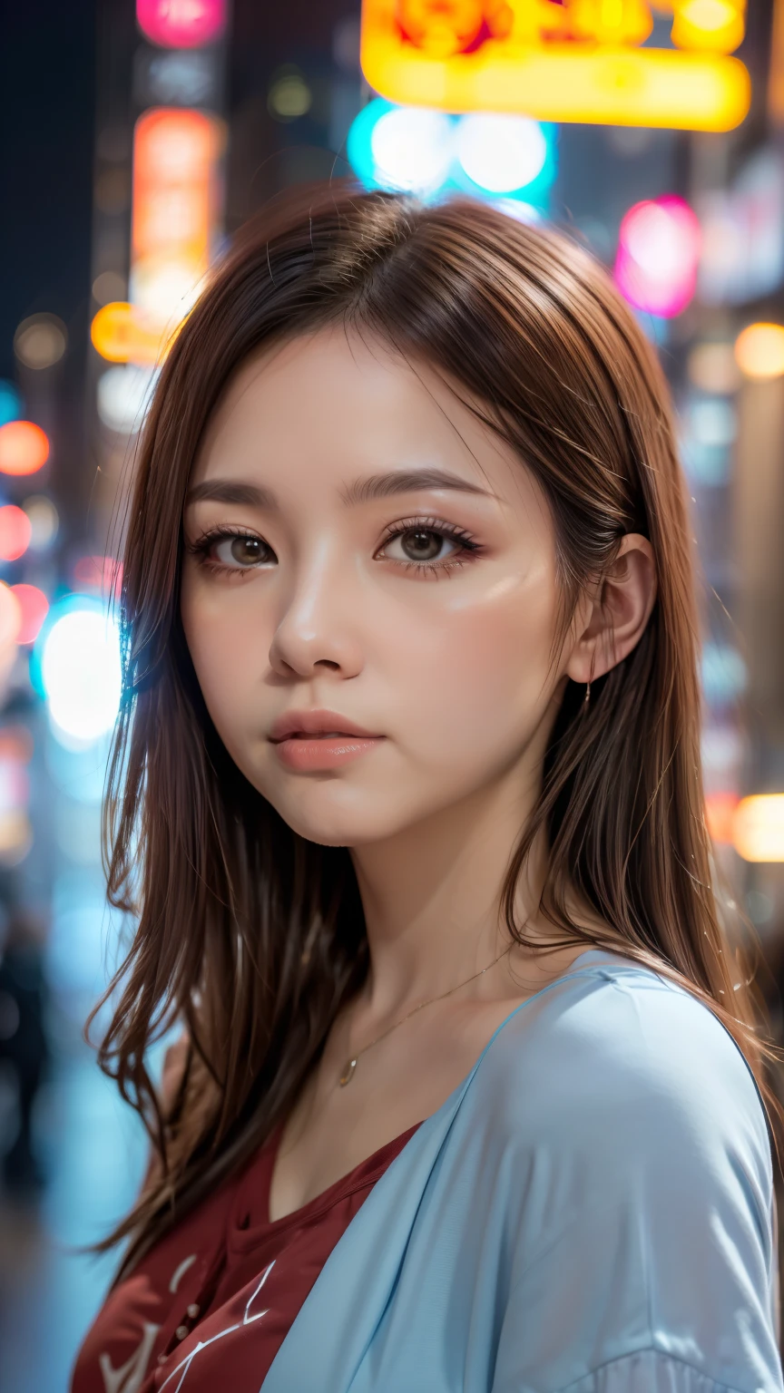 A woman standing on a crowded street in Tokyo, Traffic jam on a rainy night, masterpiece, RAW Photos, Written boundary depth, Bokeh, (Front light:1.2), (Backlight:0.75), (Subsidy Light:0.9), neon, chromatic aberration, (Lens flare:1.2), 8k, Genuine, (head shot:1.5)