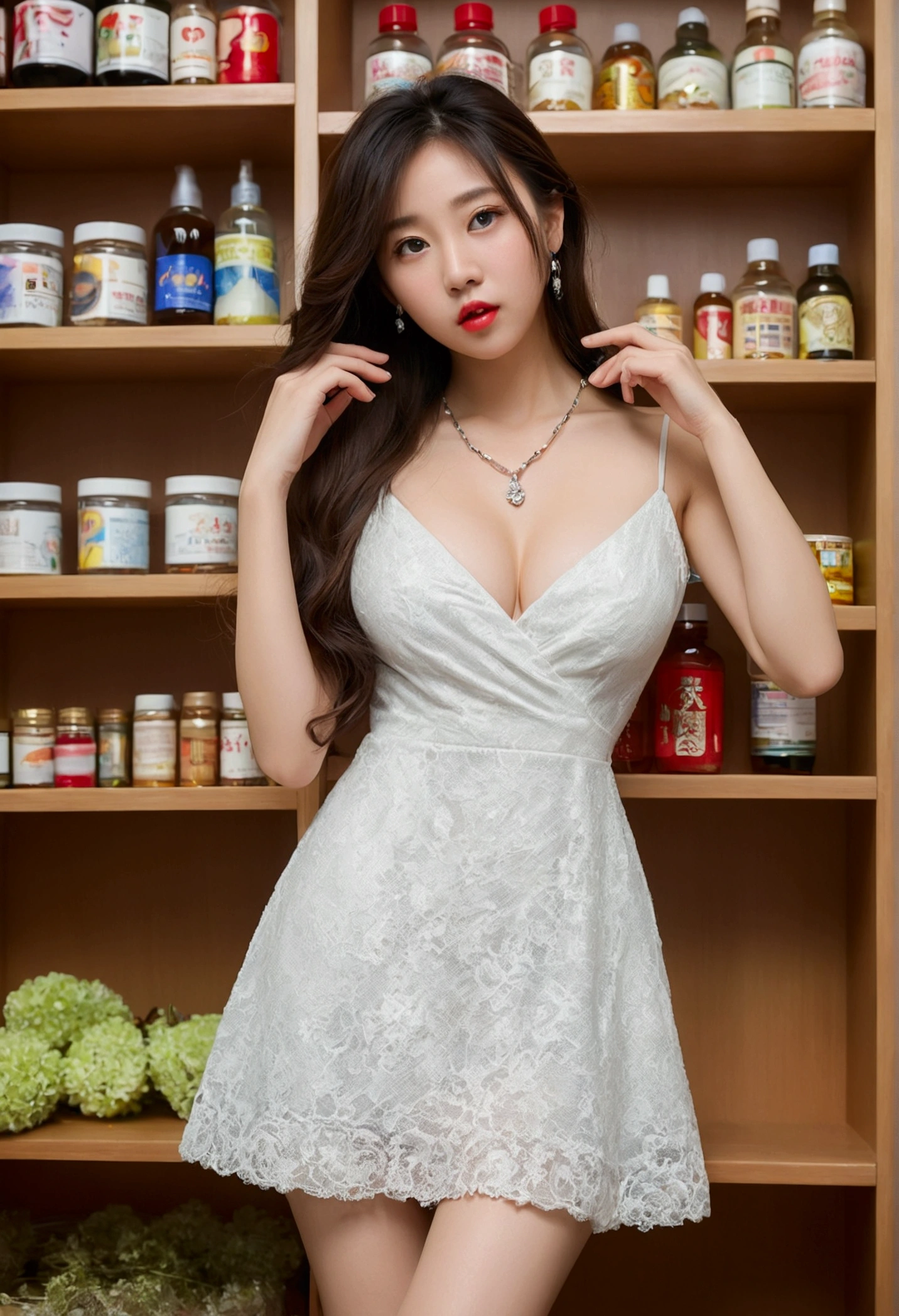 Sweet girl dress2,dress, ((whole body)), ((From below)), Yushuxin,One girl,alone, ((stand up, Against the shelf)), ((Leaning forward)), ((distinct features, Clear Face, Clear Face)), Red lips, compensate, Close-up shot, Graceful posture, Attractive pose, Perfect Curves, slim, sexy, Big Breasts, Cleavage, beautiful legs, Captivating Gaze, Biting your lip, Disheveled long hair, Simple casual scene, Very detailed, Ultra Clear, Highest quality, Official Art, beautifulイヤリング, Delicate necklace, Very detailed description, Ultra-fine painting, exquisite features, elegant, beautiful, Ultra-fine detail, Master Works, Authentic texture, Realism in film lighting, masterpiece, Highest quality