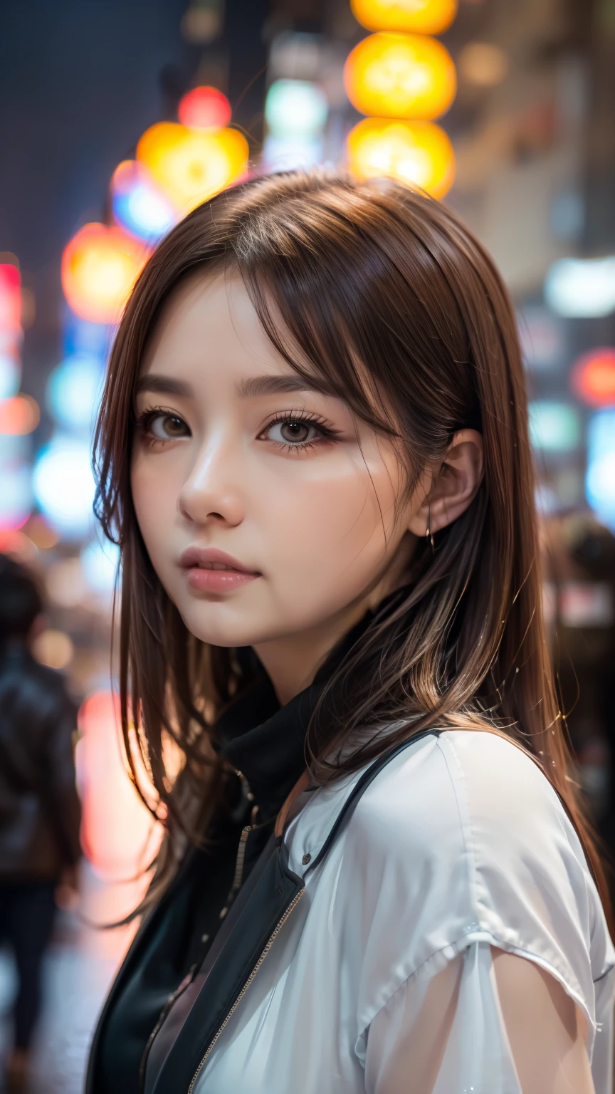 A woman standing on a crowded street in Tokyo, Traffic jam on a rainy night, masterpiece, RAW Photos, Written boundary depth, Bokeh, (Front light:1.2), (Backlight:0.75), (Subsidy Light:0.9), neon, chromatic aberration, (Lens flare:1.2), 8k, Genuine, (head shot:1.5)