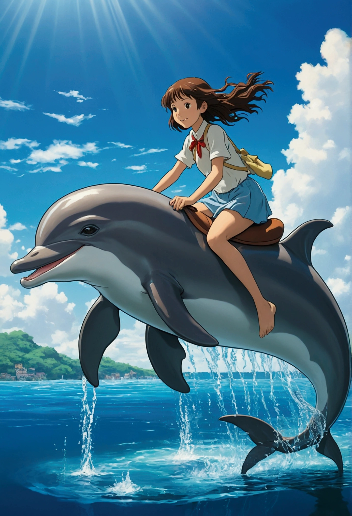Ghibli water surface Girl riding a dolphin