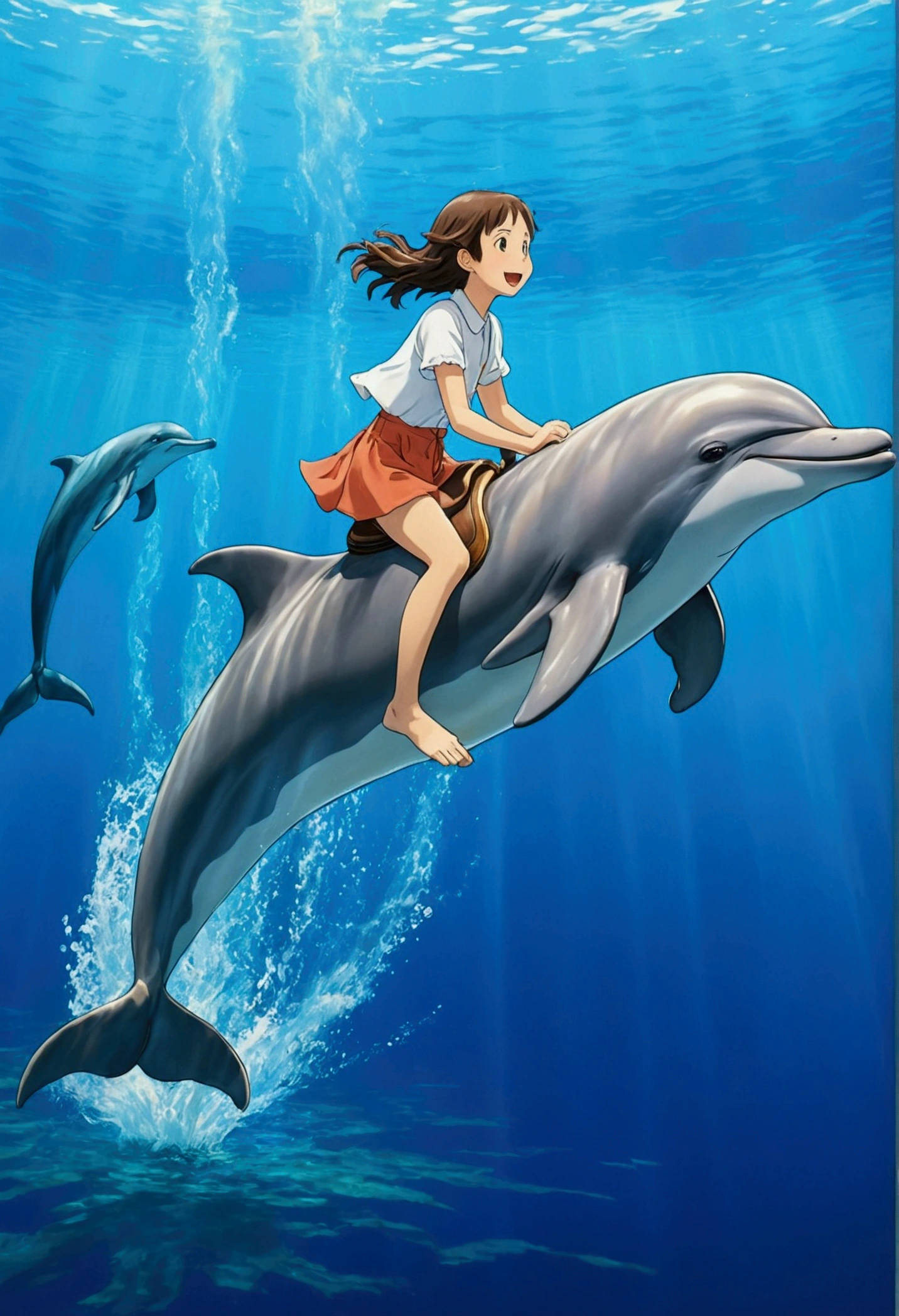 Ghibli water surface Girl riding a dolphin