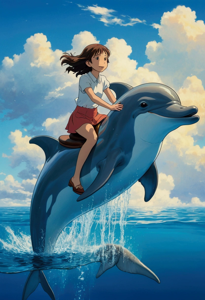 Ghibli　water surface　Girl riding a dolphin
