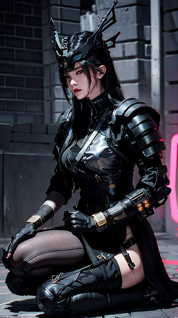 Surreal version of a woman kneeling down on one knee with sword in hand, very beautiful cyberpunk samurai,Sitting on one knee,Futuritic background, cyberpunk anime art, cyberpunk samurai, cyberpunk city anime art, cyberpunk anime, cgsociety 9, digital cyberpunk anime art, style of maciej kuciara .1girl, samurai armor, devil mask helmet, intricate, detailed ornaments, cold colors, metallic, Egyptian details, details very complex, realistic lighting, trending on social cgs, glowing eyes, facing camera, neon details, surreal details, full body portrait, Japanese atmosphere, lighting global, shadow, octane rendering, 8k, super sharp lolita.((Best quality)), ((masterpiece)), (details:1.4), 3D, image of a female cyberpunk beautiful,HDR (High Dynamic Range),Beam Range,NVIDIA RTX,Ultra High Resolution,Unreal 5,Subsurface Scattering,PBR Textures,Post-processing,Anisotropic Filtering,Depth of Field, Maximum clarity and sharpness, Multi-layer textures, Albedo and Reflection maps, Surface shadows, Accurate simulation of light-material interaction, Perfect scaling, Octane rendering, Two-tone lighting Color, Wide Aperture, Low ISO, White Balance, Rule of Thirds, 8K RAW,