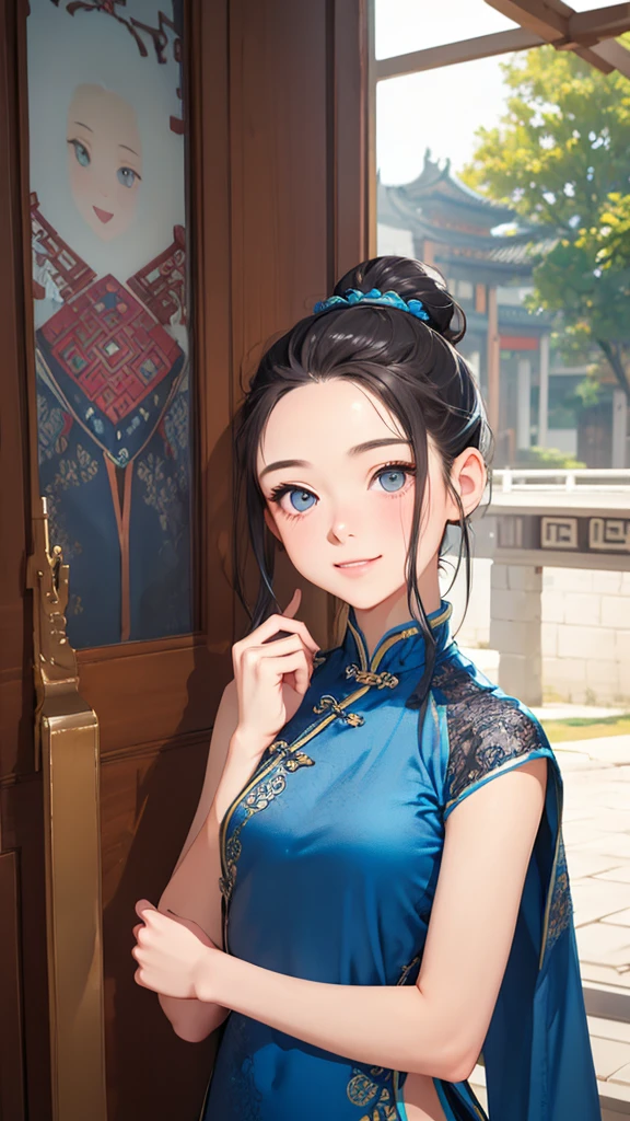 Highest quality、Realistic、girl、zoom、cute、Grey Eyes、Hair Bun、Chestnut Hair、Back to all、the forehead is protruding、Blue Chinese Dress、Looking down、Big smile、Bust Shot、thin、Small breasts