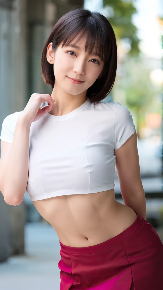nsfw,(1 woman),beauty,Beautiful Face,smile,(t-shirt:1.2),(mini skirt)A dignified appearance,Plump Style,(big breasts:1.3)、(Peeking into this、Front view),Focus on the chest,Ultra-realistic,Ultra-high resolution,highest quality,8k,masterpiece,(random time,office)、The cutest Yoshioka Riho,(short bob hair:1.3),(portrait:1.2),(nipple stand:1.2),(arms behind back posing:1.4),standing,(underboob:1.4)