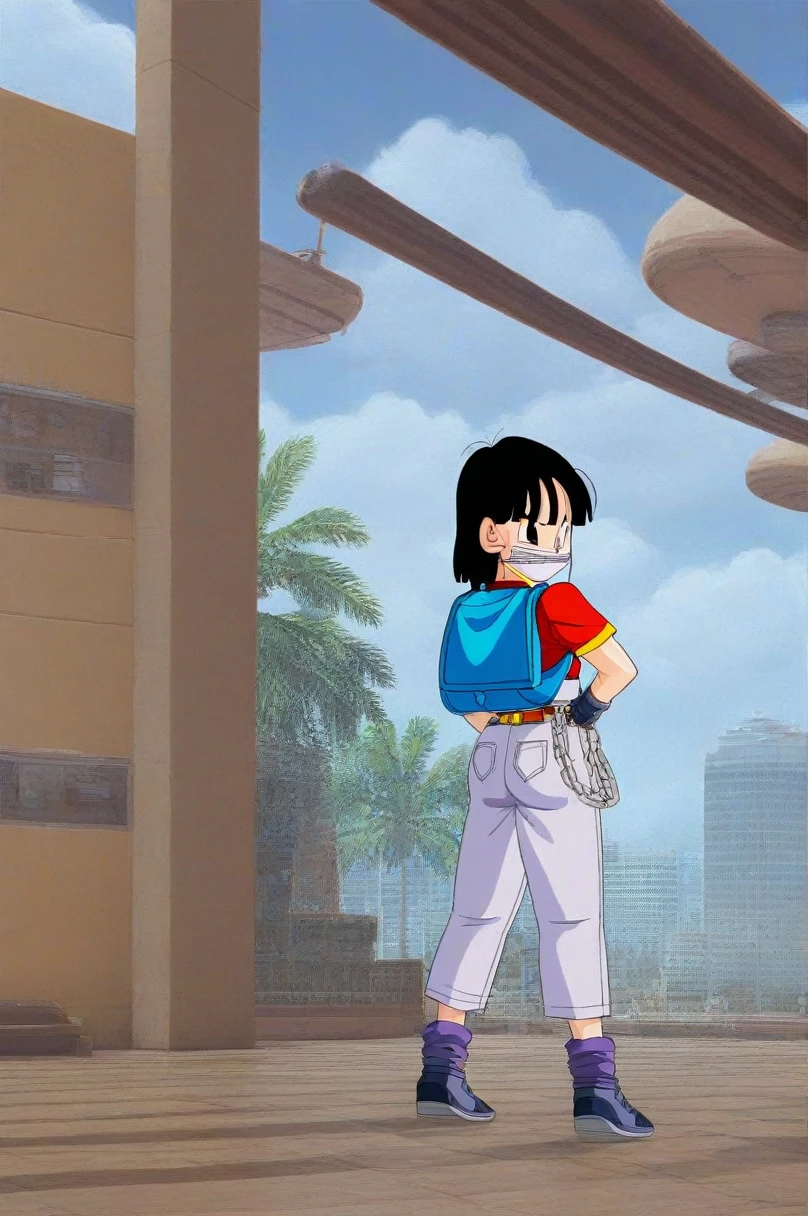 source_anime, score_9, score_8_up, score_7_up, anime screencap,8k, absurd res, pan \(dragon ball\), 1girl, solo, looking at viewer, smile, short hair, black hair, standing, full body, short sleeves, boots, , black gloves, looking back, gold trim, grey pants, cloud, fingerless gloves, loose socks, blue bag, from behind, black eyes, blue sky, hand on hip, chain, backpack, cloudy sky, denim, building, red shirt, hands behind back, orange bandana, female , blue footwear, clenched hands, belt, bangs, fingernails, purple legwear, v-shaped eyebrows, sneakers eyes closed, show full body, underwater background, coral reef, face turning blue from oxygen depravation, looking above, tied up with tape and rope, ball and chain on one leg, legs bound, wrists bound, white cloth gag over mouth, subject off center to the left, legs and ankles tied up, , white cloth gag, angry and panic expression, panicked and struggling, dark green skirt, pink panties, ball and chain anchoring her to ocean floor, feet encased in cement, shibari around legs, cement block encasing her feet