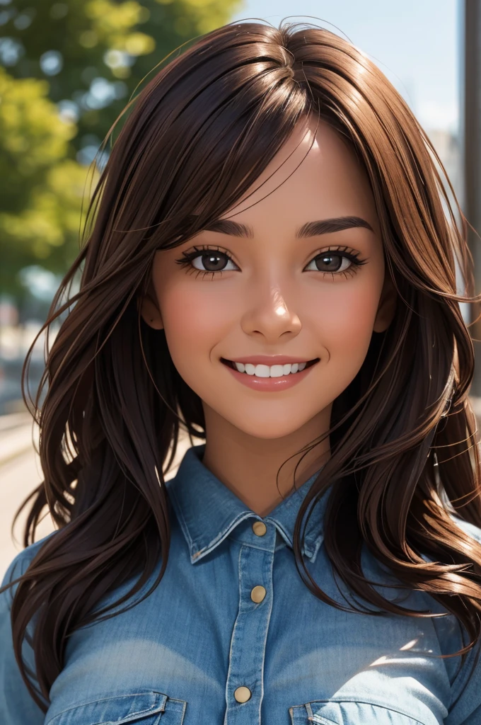 a close up of a close up of a woman with brown hair posing for a picture, 1girl, solo, looking at viewer, realistic, long hair, black hair, smile, portrait