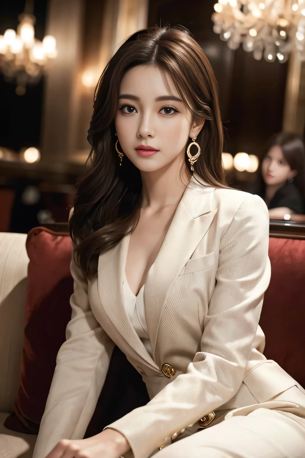 masterpiece, Highest quality, Realistic, Very detailed, Finer details, High resolution, 8k wallpaper, One beautiful woman, Wear a nice suit, In a great restaurant, At night, Light brown messy hair, Perfect dynamic composition, Beautiful and beautiful eyes、Big earrings、Sit on the sofa、
