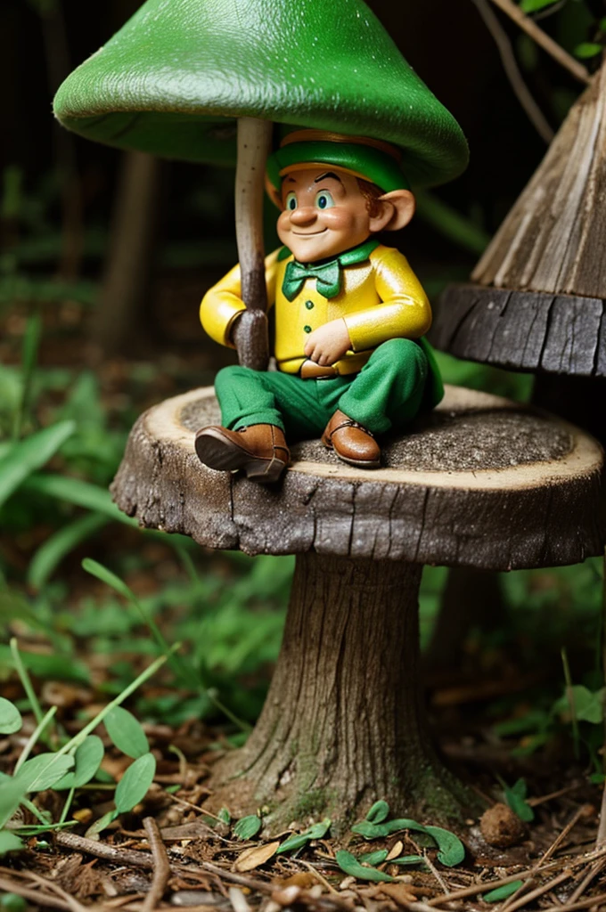 Leprechaun sitting under a mushroom 