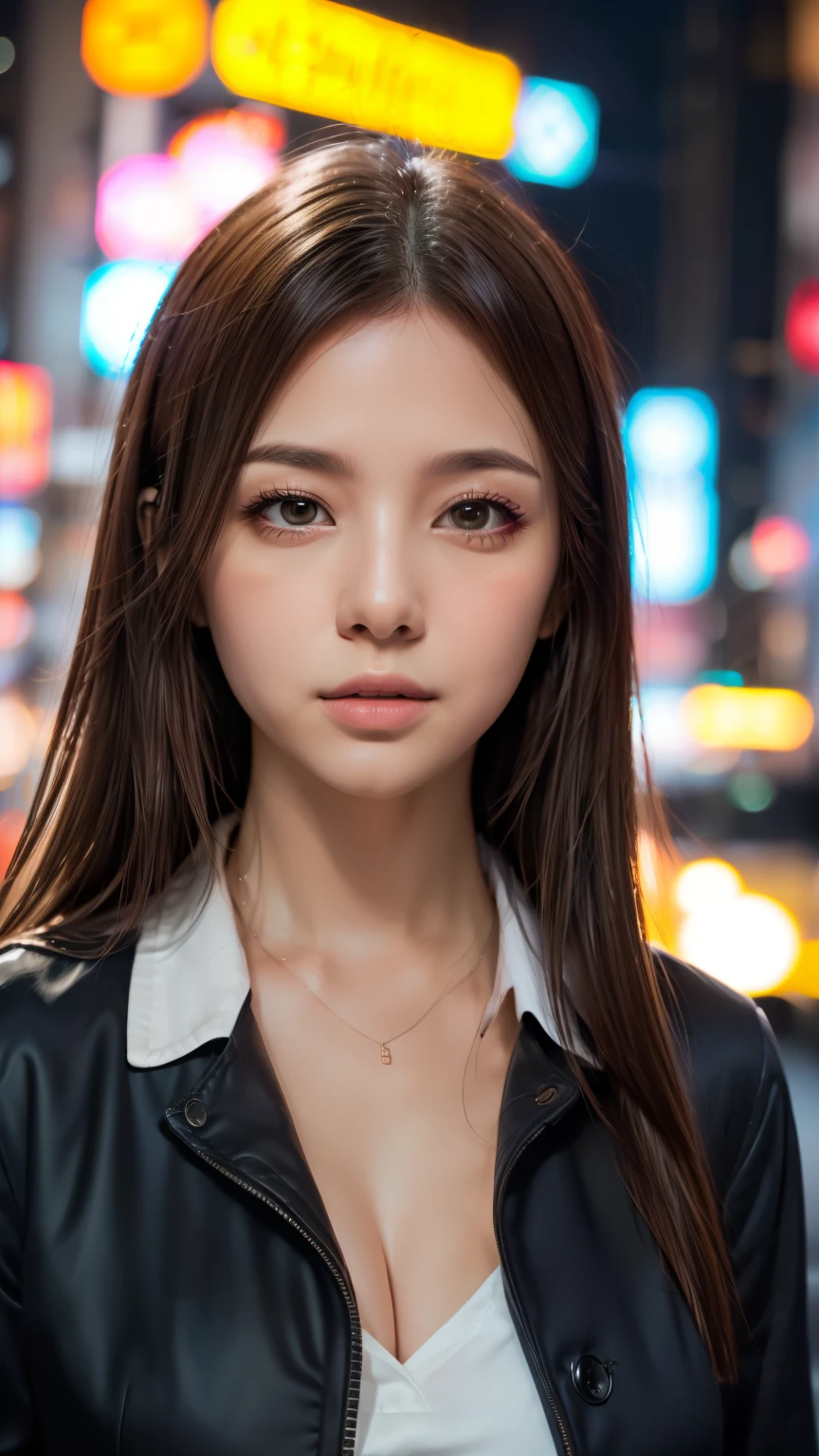 A woman standing on a crowded street in Tokyo, Traffic jam on a rainy night, masterpiece, RAW Photos, Written boundary depth, Bokeh, (Front light:1.2), (Backlight:0.75), (Subsidy Light:0.9), neon, chromatic aberration, (Lens flare:1.2), 8k, Genuine, (head shot:1.5)