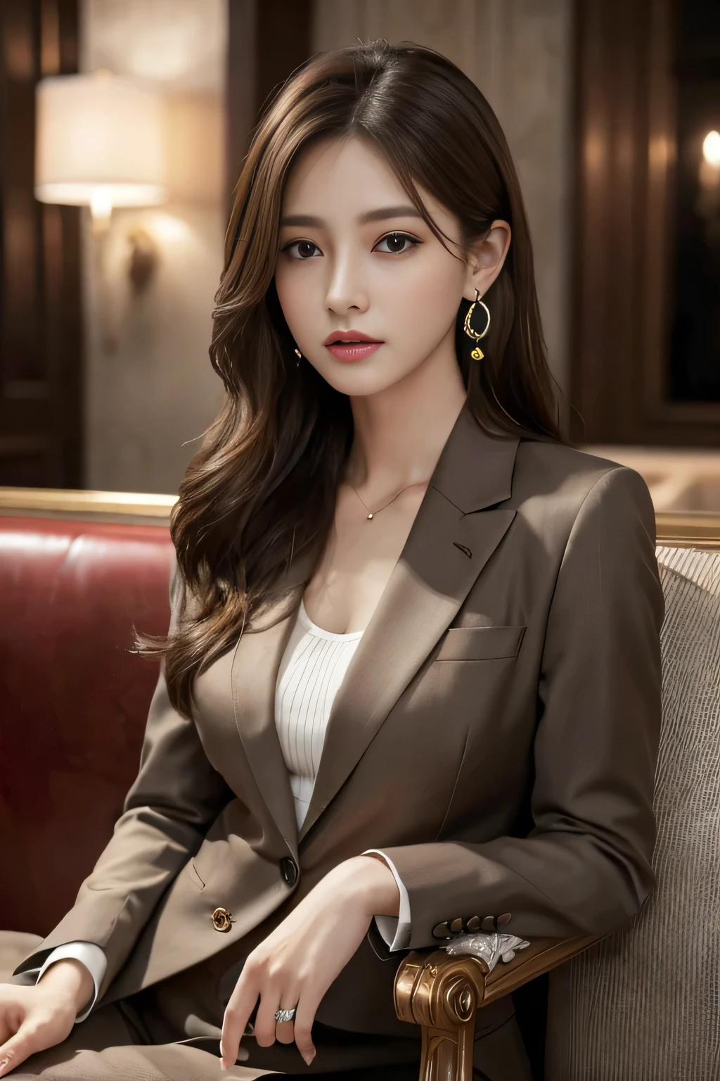 masterpiece, Highest quality, Realistic, Very detailed, Finer details, High resolution, 8k wallpaper, One beautiful woman, Wear a nice suit, In a great restaurant, At night, Light brown messy hair, Perfect dynamic composition, Beautiful and beautiful eyes、Big earrings、Sit on the sofa、