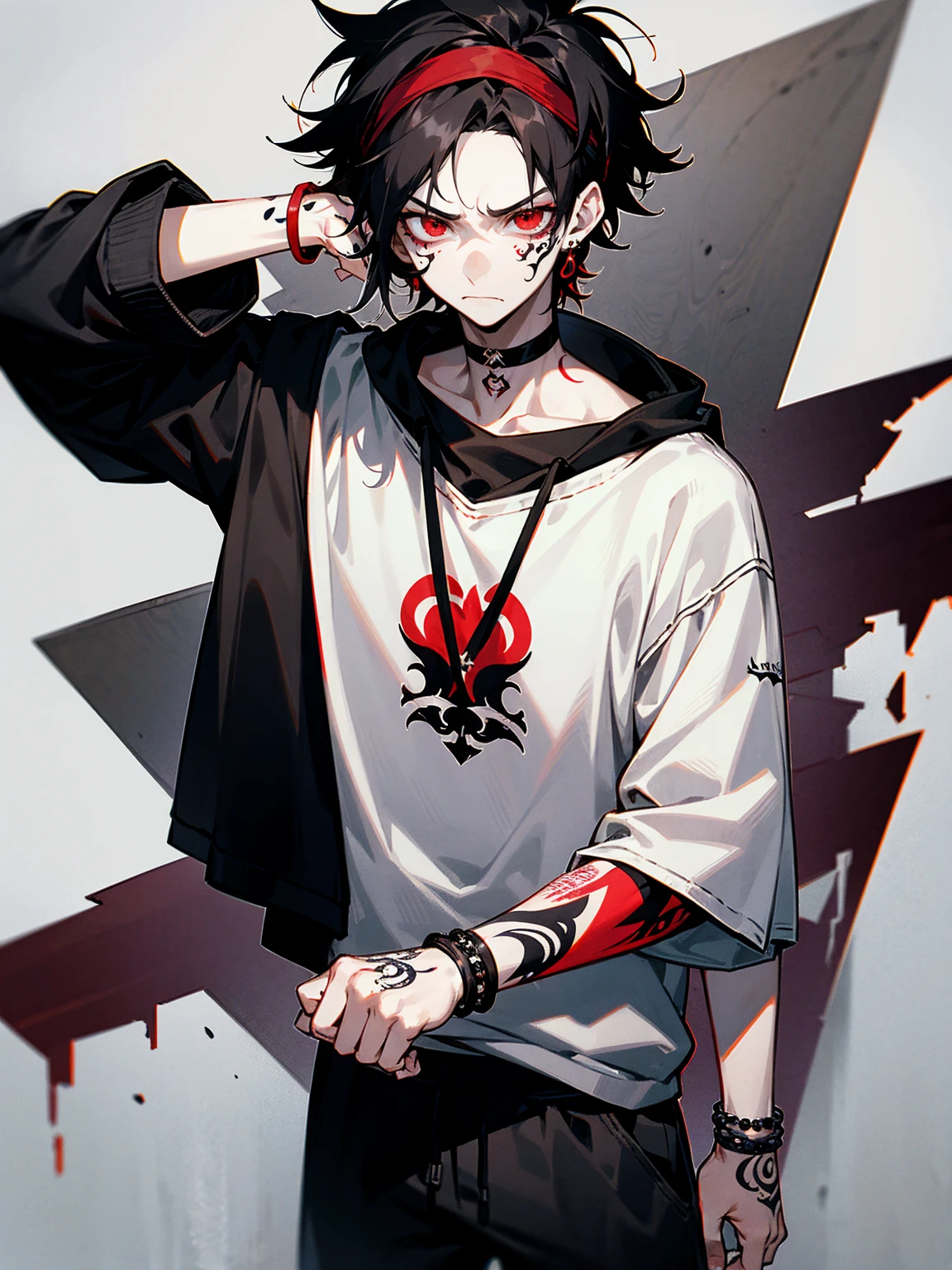1male, adult, black hair, messy hair, headband, red eyes, tattoos on face, tattoos on arm, pale skin, choker, emo bracelets, earrings, black sweatshirt, grey sweatpants,tired expression, serious expression