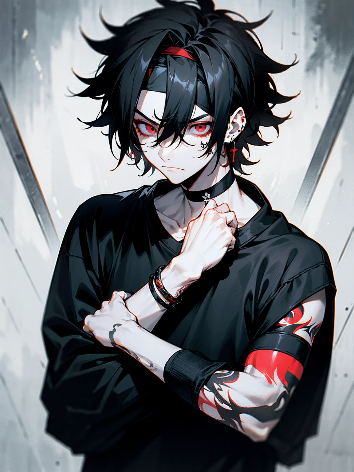 1male, adult, black hair, messy hair, headband, red eyes, tattoos on face, tattoos on arm, pale skin, choker, emo bracelets, earrings, black sweatshirt, grey sweatpants,tired expression, serious expression