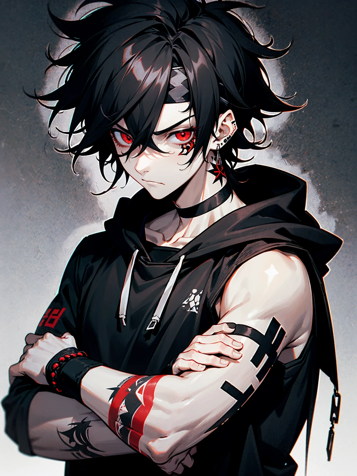 1male, adult, black hair, messy hair, headband, red eyes, tattoos on face, tattoos on arm, pale skin, choker, emo bracelets, earrings, black sweatshirt, grey sweatpants,tired expression, serious expression