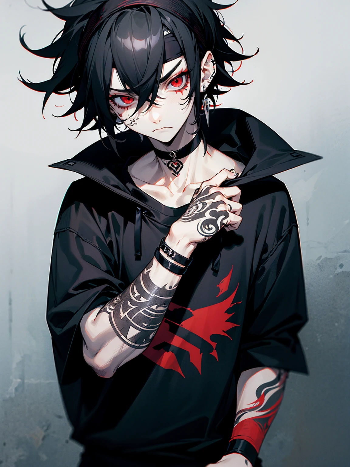 1male, adult, black hair, messy hair, headband, red eyes, tattoos on face, tattoos on arm, pale skin, choker, emo bracelets, earrings, black sweatshirt, grey sweatpants,tired expression, serious expression