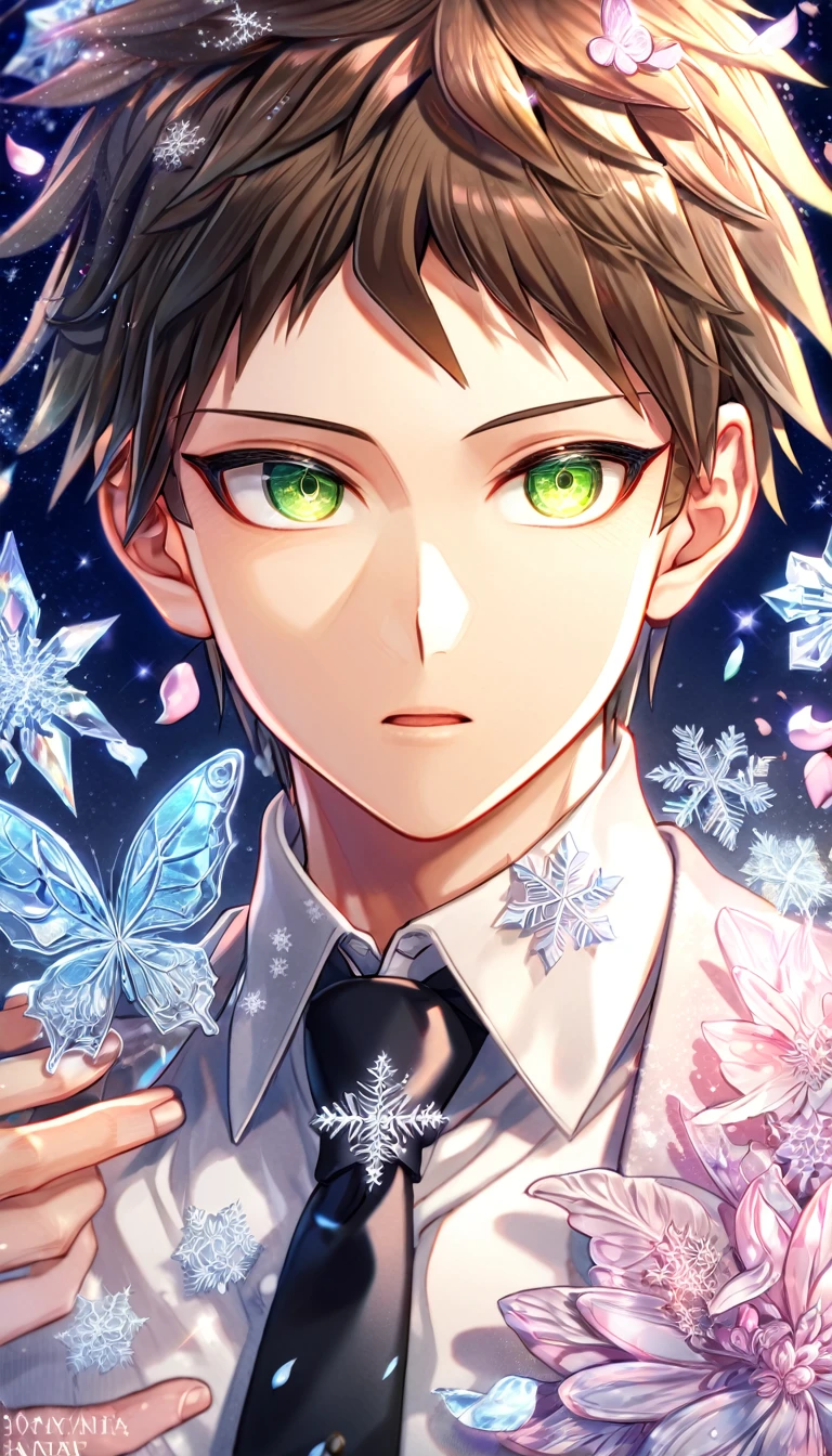 Ultra detailed, HDR, Highres, absurdres, master piece, Hinata Hajime, brown hair, expressive green eyes, white shirt, black necktie, Danganronpa, handsome, ice glittering butterflies, ice, petals, ice pink glass flowers, glittering, fantasy, magical, snowflakes, cold, solo, sexy man,
