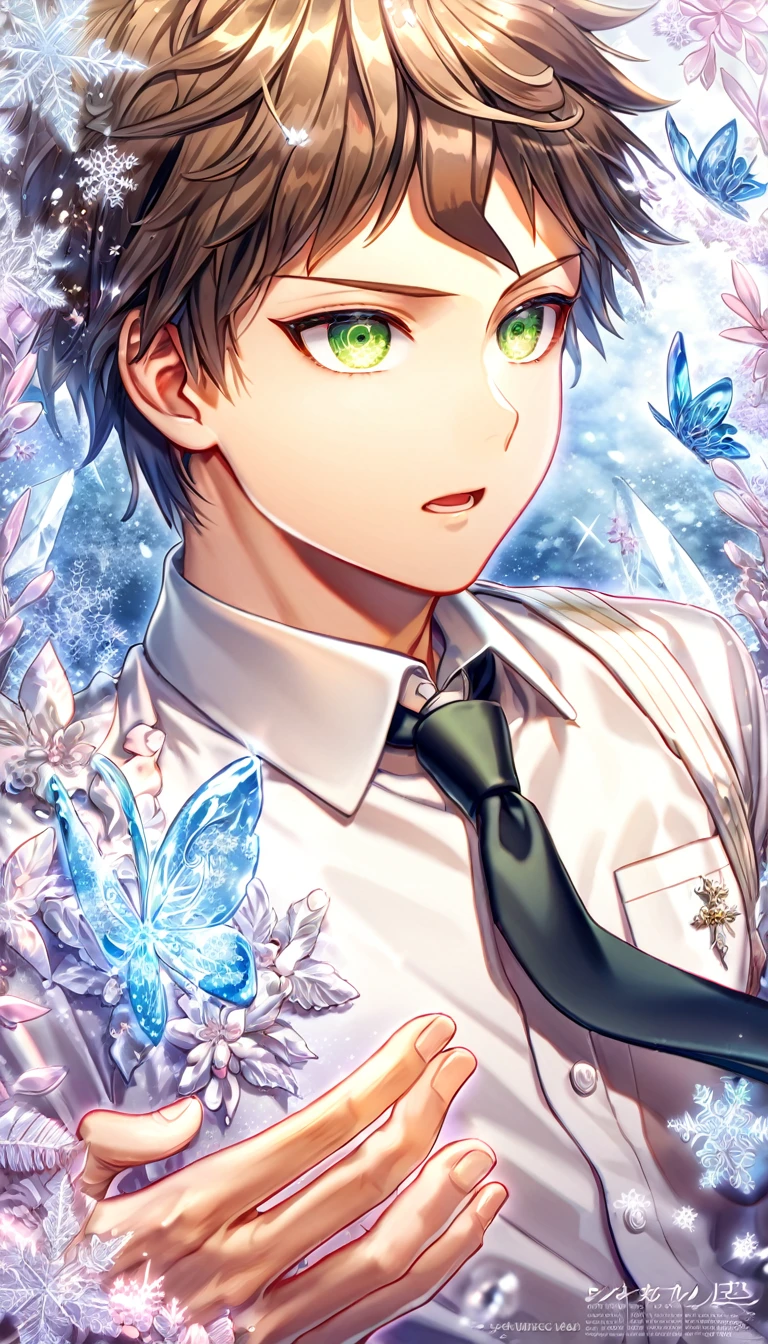 Ultra detailed, HDR, Highres, absurdres, master piece, Hinata Hajime, brown hair, expressive green eyes, white shirt, black necktie, Danganronpa, handsome, ice glittering butterflies, ice, petals, ice pink glass flowers, glittering, fantasy, magical, snowflakes, cold, solo, sexy man,