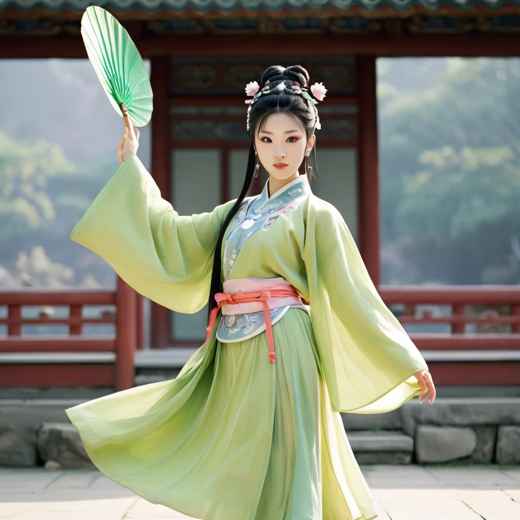 Create a full-body of a youthful Japanese loil with an energetic and determined expression. The character have a double hair bun secured with a golden headband, and the face should feature bold red and dark Peking opera makeup with eyes full of courage and resolution. The facial features need to be highly realistic, with particular attention to the eyes, nose, and mouth. Wide angle view, fisheye lens technique, fixed camera position. The Character Portrayal: 18 year old beautiful loil Ming Dynasty warrior, head hairstyle: dark double bun hair, combed into two double sideburns similar to Chunli's hairstyle; she is wearing a pink or purple lavender embroidered belly-band, green three-petal lotus-leaf wrist guards, a light green lotus-leaf skirt, bare feet without shoes, green ankle guards and three-petal lotus-leaf ornaments, each fire ring on her left and right feet, which follow the movements of her feet with a slight fluttering motion. She holds a chinese long spear in her left hand, the tip of which glints with a cold light. In her right hand hold a Gold Hula ring. The back is encircled by the red float Dunhuang ribbon , which follows the movement of her back with a slight sway. Movement: Ne Zha's overall direction of movement pans slightly towards the [top] of the screen, the direction of her cute head [slightly upwards to the right], the direction of her upper torso [upwards], the direction of her left arm's movement [slightly upwards], the direction of her right leg's movement [downwards], and the left leg's movement [downwards] as well. High Performance, Slow Motion, 4K, 3DCG, Unreal Engine, Game CG, Game Demo, High Surface Count, Ne Zha's delicate toes, Hanging Weiya, Ne Zha's delicate features. {{masterpiece}}, best quality, illustration, 1 girl, {double bun}, small breast, beautiful detailed eyes.