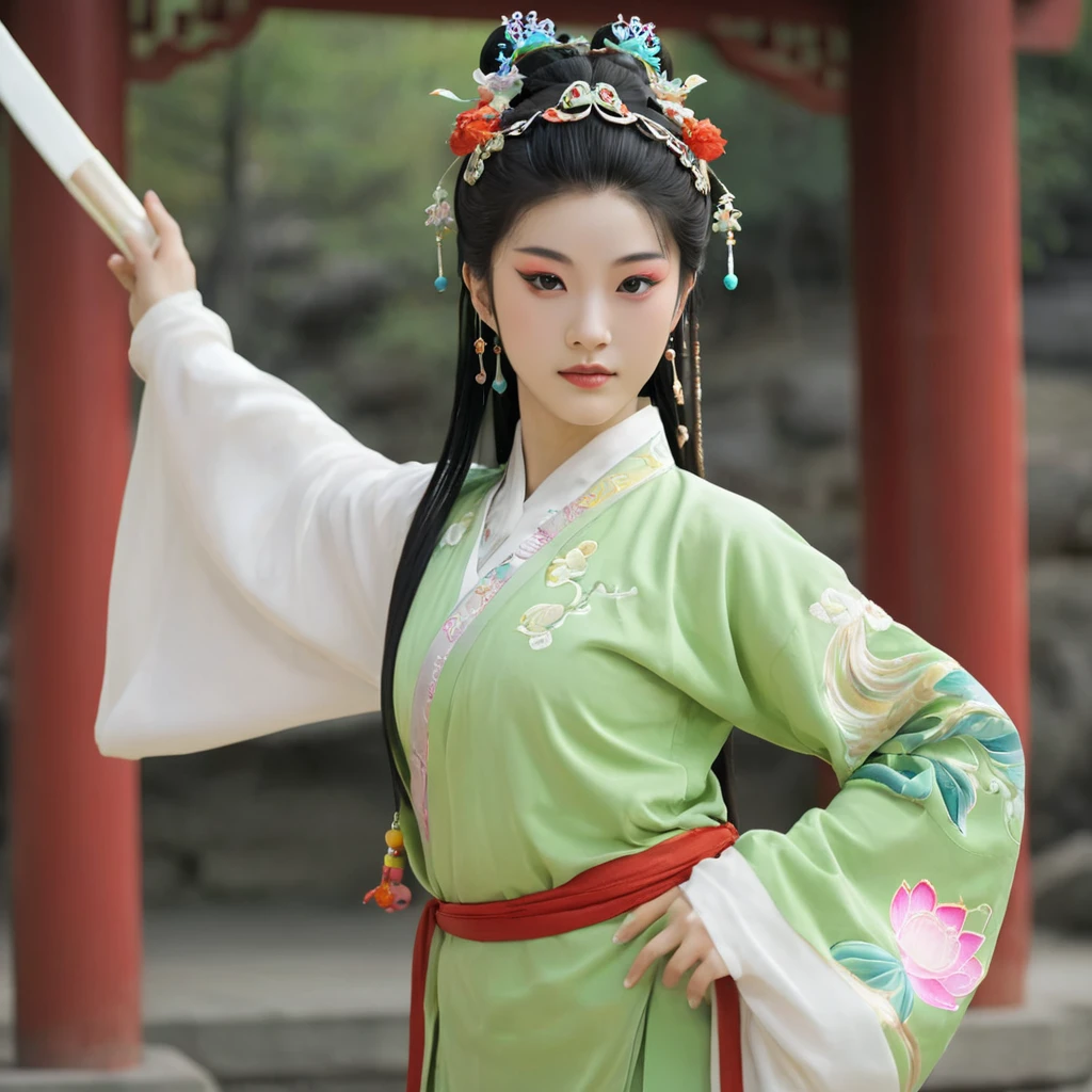 Create a full-body of a youthful Japanese loil with an energetic and determined expression. The character have a double hair bun secured with a golden headband, and the face should feature bold red and dark Peking opera makeup with eyes full of courage and resolution. The facial features need to be highly realistic, with particular attention to the eyes, nose, and mouth. Wide angle view, fisheye lens technique, fixed camera position. The Character Portrayal: 18 year old beautiful loil Ming Dynasty warrior, head hairstyle: dark double bun hair, combed into two double sideburns similar to Chunli's hairstyle; she is wearing a pink or purple lavender embroidered belly-band, green three-petal lotus-leaf wrist guards, a light green lotus-leaf skirt, bare feet without shoes, green ankle guards and three-petal lotus-leaf ornaments, each fire ring on her left and right feet, which follow the movements of her feet with a slight fluttering motion. She holds a chinese long spear in her left hand, the tip of which glints with a cold light. In her right hand hold a Gold Hula ring. The back is encircled by the red float Dunhuang ribbon , which follows the movement of her back with a slight sway. Movement: Ne Zha's overall direction of movement pans slightly towards the [top] of the screen, the direction of her cute head [slightly upwards to the right], the direction of her upper torso [upwards], the direction of her left arm's movement [slightly upwards], the direction of her right leg's movement [downwards], and the left leg's movement [downwards] as well. High Performance, Slow Motion, 4K, 3DCG, Unreal Engine, Game CG, Game Demo, High Surface Count, Ne Zha's delicate toes, Hanging Weiya, Ne Zha's delicate features. {{masterpiece}}, best quality, illustration, 1 girl, {double bun}, small breast, beautiful detailed eyes.