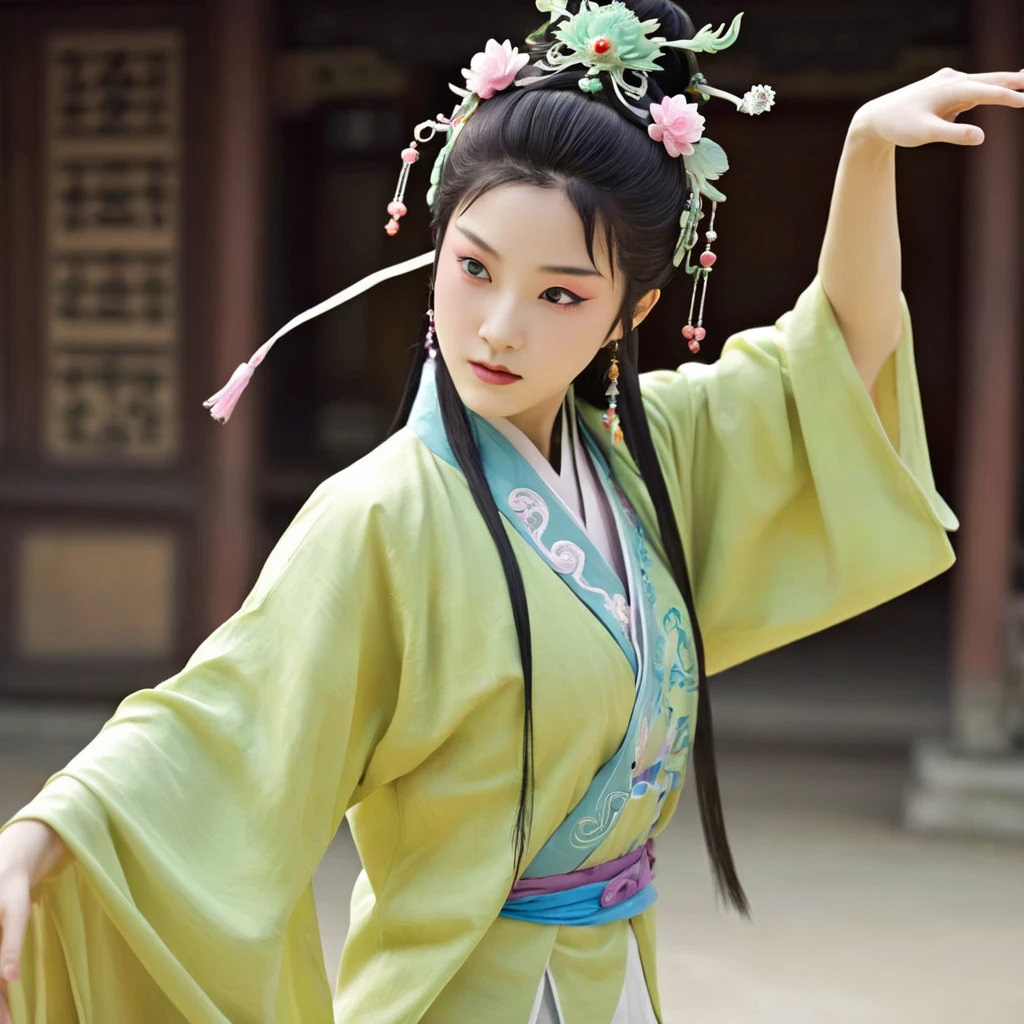 Create a full-body of a youthful Japanese loil with an energetic and determined expression. The character have a double hair bun secured with a golden headband, and the face should feature bold red and dark Peking opera makeup with eyes full of courage and resolution. The facial features need to be highly realistic, with particular attention to the eyes, nose, and mouth. Wide angle view, fisheye lens technique, fixed camera position. The Character Portrayal: 18 year old beautiful loil Ming Dynasty warrior, head hairstyle: dark double bun hair, combed into two double sideburns similar to Chunli's hairstyle; she is wearing a pink or purple lavender embroidered belly-band, green three-petal lotus-leaf wrist guards, a light green lotus-leaf skirt, bare feet without shoes, green ankle guards and three-petal lotus-leaf ornaments, each fire ring on her left and right feet, which follow the movements of her feet with a slight fluttering motion. She holds a chinese long spear in her left hand, the tip of which glints with a cold light. In her right hand hold a Gold Hula ring. The back is encircled by the red float Dunhuang ribbon , which follows the movement of her back with a slight sway. Movement: Ne Zha's overall direction of movement pans slightly towards the [top] of the screen, the direction of her cute head [slightly upwards to the right], the direction of her upper torso [upwards], the direction of her left arm's movement [slightly upwards], the direction of her right leg's movement [downwards], and the left leg's movement [downwards] as well. High Performance, Slow Motion, 4K, 3DCG, Unreal Engine, Game CG, Game Demo, High Surface Count, Ne Zha's delicate toes, Hanging Weiya, Ne Zha's delicate features. {{masterpiece}}, best quality, illustration, 1 girl, {double bun}, small breast, beautiful detailed eyes.