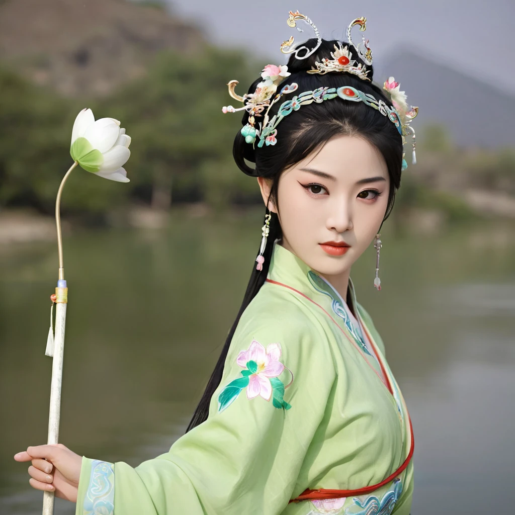 Create a full-body of a youthful Japanese loil with an energetic and determined expression. The character have a double hair bun secured with a golden headband, and the face should feature bold red and dark Peking opera makeup with eyes full of courage and resolution. The facial features need to be highly realistic, with particular attention to the eyes, nose, and mouth. Wide angle view, fisheye lens technique, fixed camera position. The Character Portrayal: 18 year old beautiful loil Ming Dynasty warrior, head hairstyle: dark double bun hair, combed into two double sideburns similar to Chunli's hairstyle; she is wearing a pink or purple lavender embroidered belly-band, green three-petal lotus-leaf wrist guards, a light green lotus-leaf skirt, bare feet without shoes, green ankle guards and three-petal lotus-leaf ornaments, each fire ring on her left and right feet, which follow the movements of her feet with a slight fluttering motion. She holds a chinese long spear in her left hand, the tip of which glints with a cold light. In her right hand hold a Gold Hula ring. The back is encircled by the red float Dunhuang ribbon , which follows the movement of her back with a slight sway. Movement: Ne Zha's overall direction of movement pans slightly towards the [top] of the screen, the direction of her cute head [slightly upwards to the right], the direction of her upper torso [upwards], the direction of her left arm's movement [slightly upwards], the direction of her right leg's movement [downwards], and the left leg's movement [downwards] as well. High Performance, Slow Motion, 4K, 3DCG, Unreal Engine, Game CG, Game Demo, High Surface Count, Ne Zha's delicate toes, Hanging Weiya, Ne Zha's delicate features. {{masterpiece}}, best quality, illustration, 1 girl, {double bun}, small breast, beautiful detailed eyes.