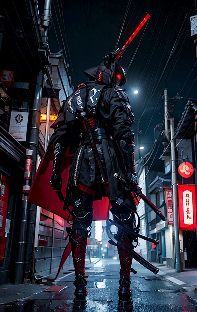 ninja shinobi cyberpunk robot cyborg .big thighs.Wallking street
two samurais walking down a street at night, yasuke.Ninja wearing conical hat.Whiter suit ,red suit, shinobi Cyborg. Red eyes, devil mask, rain. Dark night. Equipped with Sword on back. Katana on back. Robot. gears. screws. lights. wires on back. Arresting monsters in alleys.real. tokyo. UE5 CGI