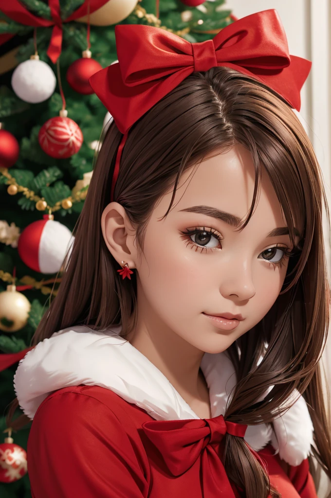 woman close up wearing a red bow in her hair near christmas tree, 1girl, long hair, bow, christmas tree, hair bow, red bow