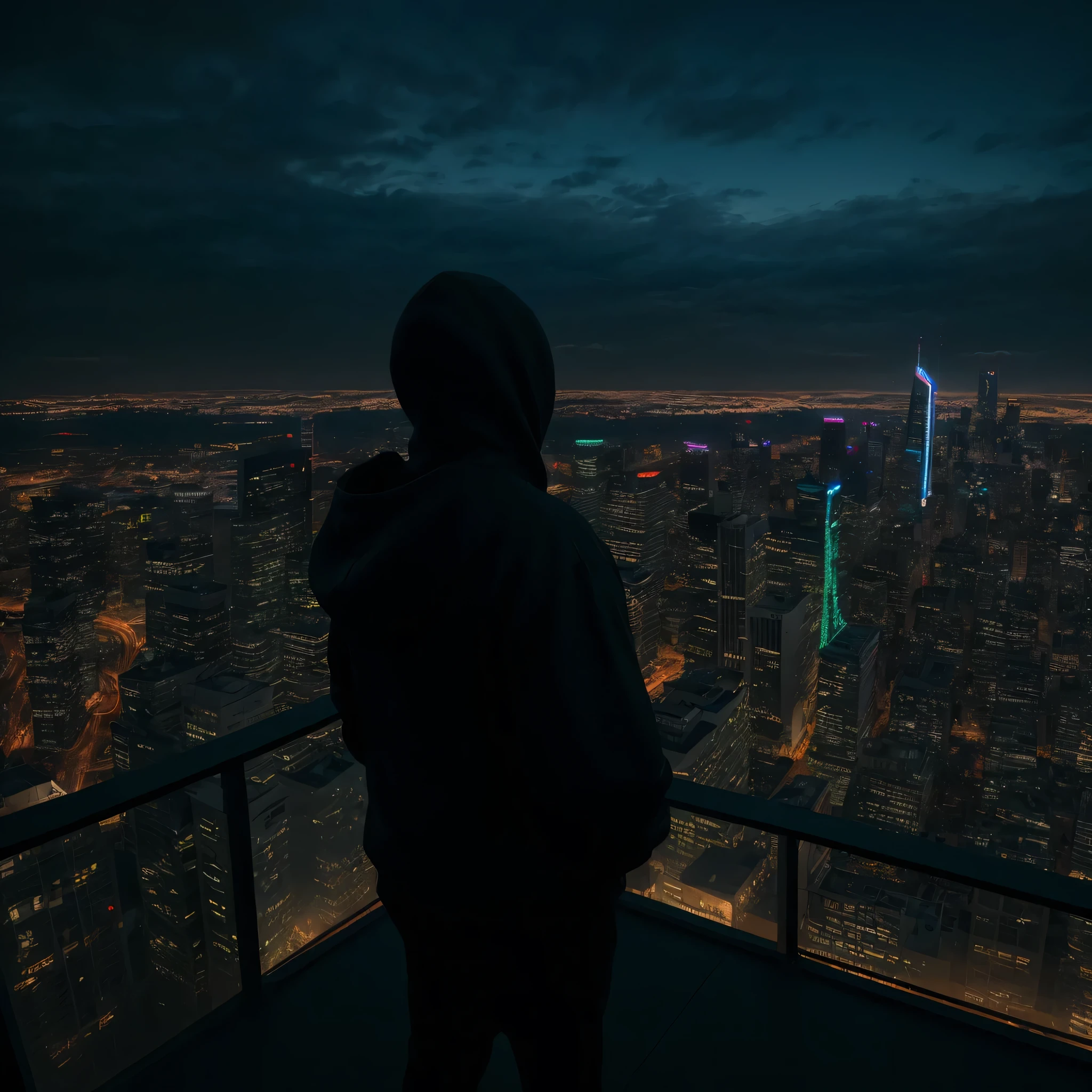 a white man whit black hoodie smoking on a rooftop overlooking a magnificent night city, a menacing presence observing him in the sky, ultra-realistic photo, high angle, cinematic lighting, moody atmosphere, dramatic shadows, neon lights, detailed architecture, glowing cityscape, hyper-realistic, 8k, photorealistic