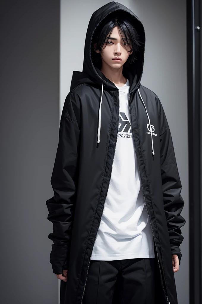 male character, black haired teenager, with hooded coat with black strings