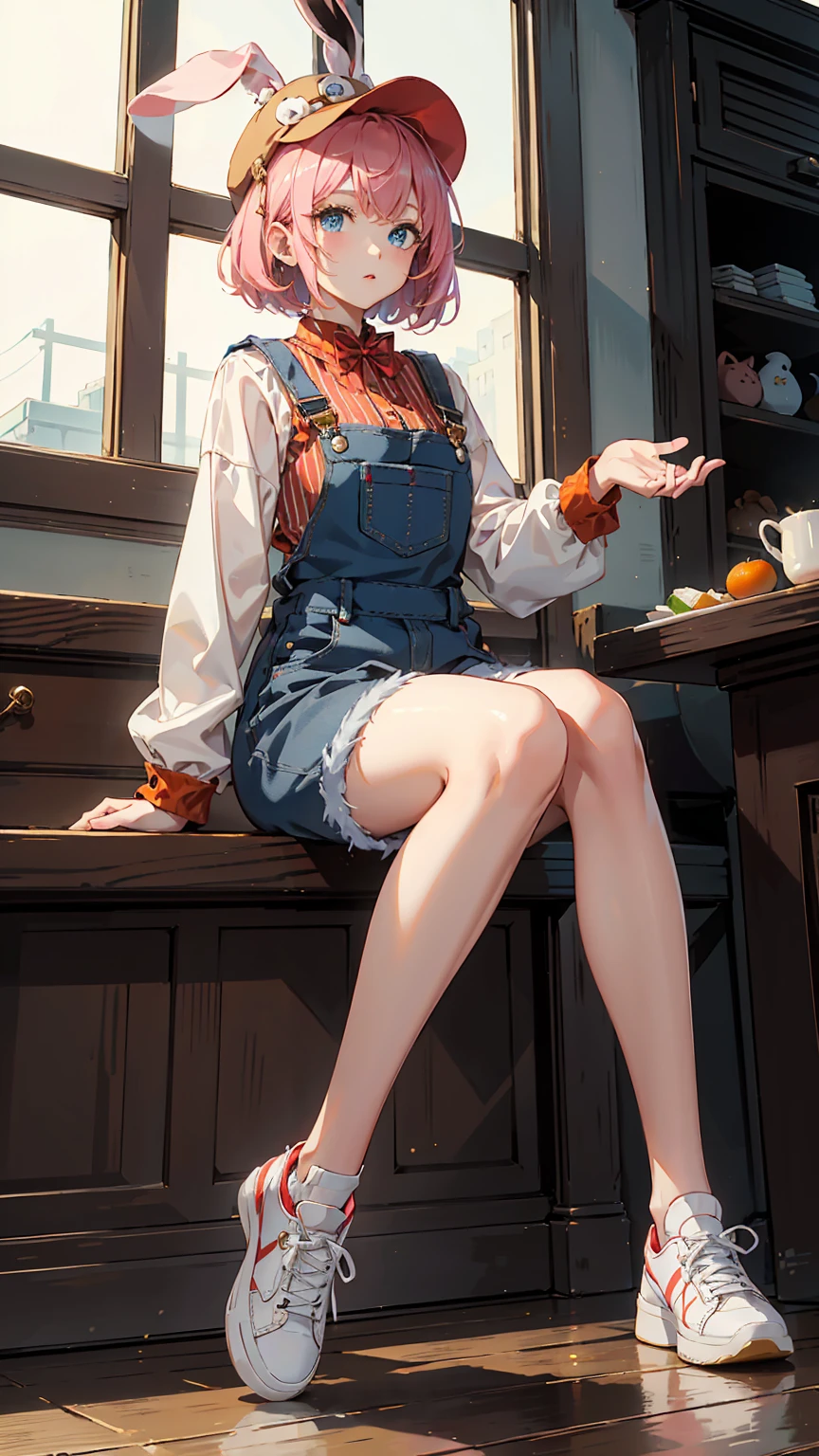 She has fair brown skin, Short pink hair, She has big blue eyes and pale brown lips., Her accessory was a rabbit-themed hat.、 "lucky".
Her outfit is black overalls with gold buckles, Underneath she was wearing a long-sleeved shirt with red sleeves and white and red stripes.、It has the following text printed on it:。 "hip hop". Her shoes are white sneakers with white soles.、Decorated with an orange tag。; Glitter