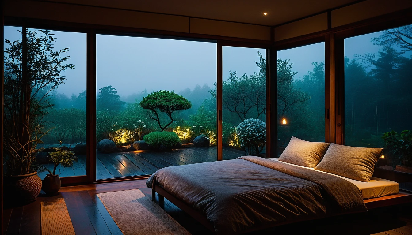 The picture shows a cozy bedroom with large windows offering views of a beautiful, dimly lit garden AND a garden filled with FLOWERS. CINEMATIC atmosphere, gloomy, dull, gloomy rain, cloudy outside JAPANESE HOUSE, dark cloudy. This room has tatami floors, shoji doors, and minimalist wooden furniture. . The bed was unmade with rumpled sheets, indicating only a light sleep. looks dim, gloomy. Beside the bed there is a small table with a classic lamp that radiates warm light into the room. Outside the window you can see the lush greenery of the terrace or balcony area, the rain is falling, the lamp on the left provides warm lighting, creating a calm and peaceful atmosphere. the room was dark, gloomy with fog obscuring part of the view in the distance. The contrast between the warmth indoors and the rain outdoors creates an inviting and calming atmosphere