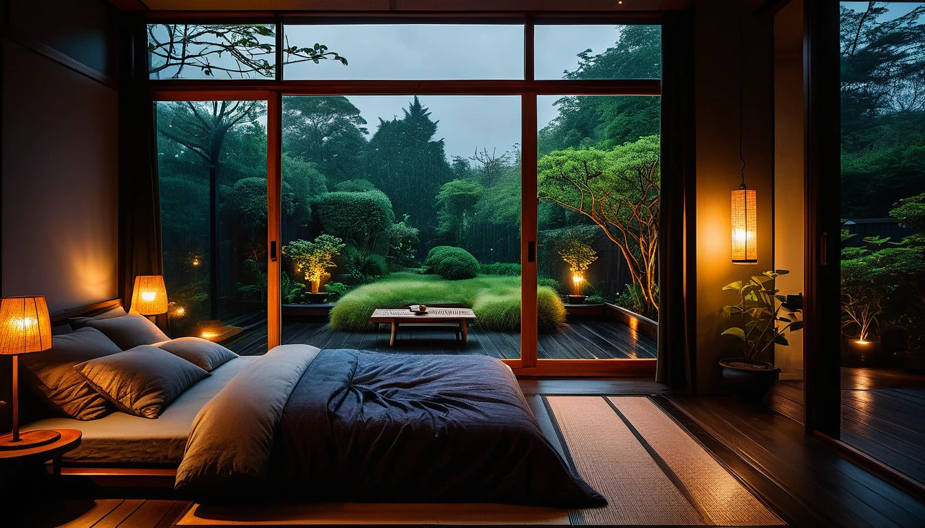 The picture shows a cozy bedroom with large windows offering views of a beautiful, dimly lit garden AND a garden filled with FLOWERS. CINEMATIC atmosphere, gloomy, dull, gloomy rain, cloudy outside JAPANESE HOUSE, dark cloudy. This room has tatami floors, shoji doors, and minimalist wooden furniture. . The bed was unmade with rumpled sheets, indicating only a light sleep. looks dim, gloomy. Beside the bed there is a small table with a classic lamp that radiates warm light into the room. Outside the window you can see the lush greenery of the terrace or balcony area, the rain is falling, the lamp on the left provides warm lighting, creating a calm and peaceful atmosphere. the room was dark, gloomy with fog obscuring part of the view in the distance. The contrast between the warmth indoors and the rain outdoors creates an inviting and calming atmosphere