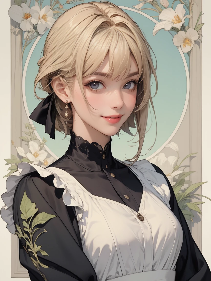 (masterpiece:1.1),(super realistic:1.0)(extremely detailed, intricate details, highres,2.5d:1.1),,(violet_evergarden:1.29),best quality, The overall image quality is of the highest standard, The colors are vivid and vibrant, creating a visually stunning piece of artwork. The art style is a mix of illustrations and photorealistic elements, combining the beauty of fantasy with the realism of the world., The color palette is rich and diverse, with a range of hues that emphasize the vibrant and lively nature of the scene. 1girl, (medium shot), beautiful woman, makeup, large breasts, mascara, BREAK (bowtie), (Detailed Maid:1.4),crepe_fabric_Detailed_Clothes,puffies_long_Detailed_sleeves, soft shadow to face, BREAK (background is pale tone:1.2), (background is beautiful gorgeous garden), (lot of flower), Create a luxurious atmosphere, organic shape and Nature-inspired garden, BREAK (Art Nouveau:1.37), flowing lines, organic shape, complex pattern, (Decorative flat insect design, elegant forms, Natural Inspiration),