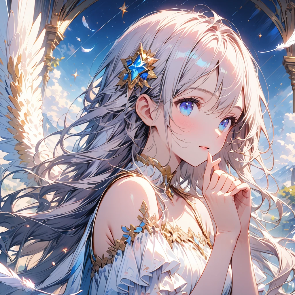 (best quality:1.2),(hands finger 5 digits:1.3),(extremely delicate and beautiful:1.3),(detailed ultra detailed:1.2),(scenery clear details:1.2),(scenery crystal clear :1.2),(solo),(blue eyes),(long white long hair),(white dress),(angel wings),(floating white feathers,starry sky),(clusters of stars,starry sky),(glinting stars),(solo),(long silver long hair),(best quality:1.2),(hands finger 5 digits:1.3),(extremely delicate and beautiful:1.3),(detailed ultra detailed:1.2),(scenery clear details:1.2),