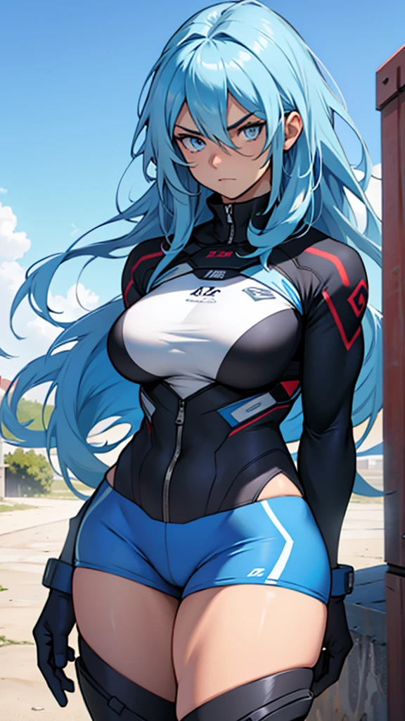 High detailed, 1 19's girl, solo, large long hair, sky-blue colored eyes,  Busty, strong, thicc, Serious expression, expressive eyes, solo