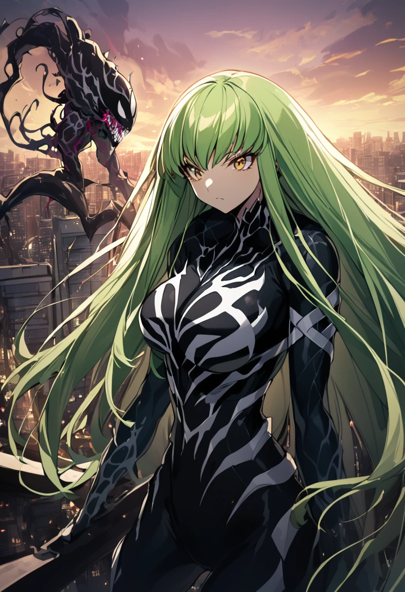 1 girl, Symbiote Venom, beautiful girl, large breasted, gold eyes, green haired, top of a building, natta