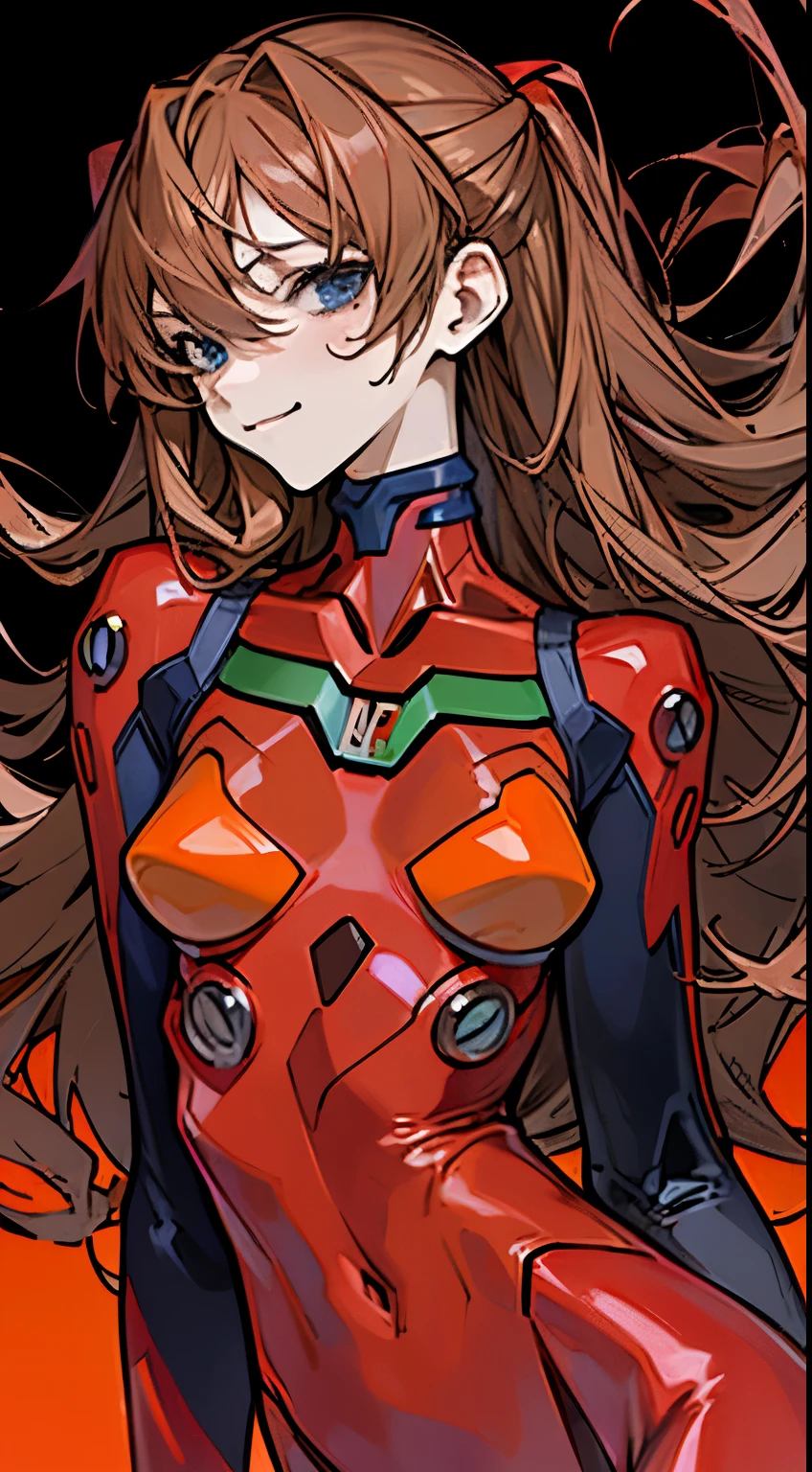 (High resolution), (In 8K), (Extremely detailed), (Best illustrations), (Beautiful details), (Highest quality), (Masseter muscle area), ( Detailed face) Soryu Asuka Langley、 Slender woman、((Malicious look、Vulgar smile)) Brown long hair、Red bodysuit、blue eyes、Eye highlights,Mr.々A pose