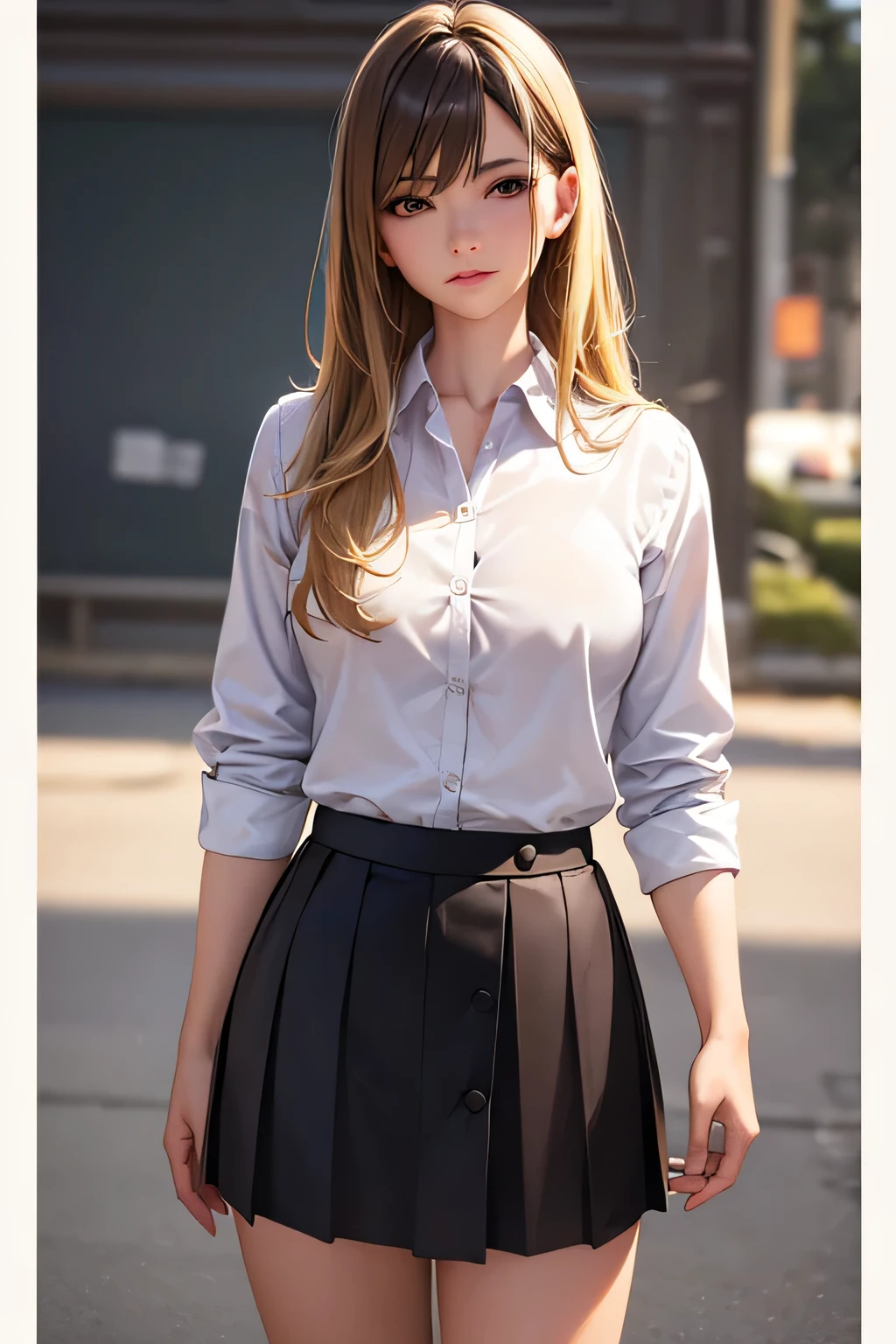 Highest quality, Ultra-high resolution, (Realistic:1.4), One girl, Button-down shirt, Black Skirt, School, Dark brown hair, chest, (Blonde:1.2), View your viewers, (Highly detailed face:1.1),, (Pure Eros Face_v1:0.8),Tick tock,