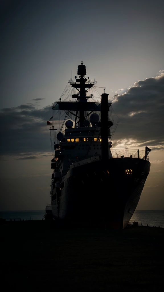 A spooky image of the ship with a mysterious shadow in the background.