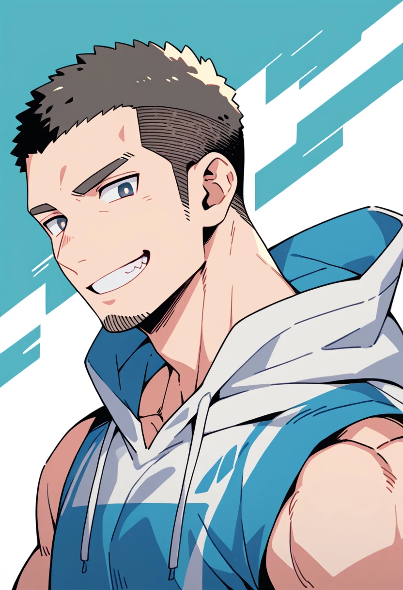 anime characters:Priapus, Muscle Sports Student, Buzz Cut, Manliness, male focus, Sports tight hooded sweatshirt, Very tight, full and perky chest muscles, muscular male, muscular, only, Upper body, alone, Red short hair, Thick eyebrows, stubble, Brown-red pupils, White background, simple background, amazing quality, best aesthetics, Ridiculous, crew cut, smirk, bright pupils, grin, negative space, negative space, best quality
