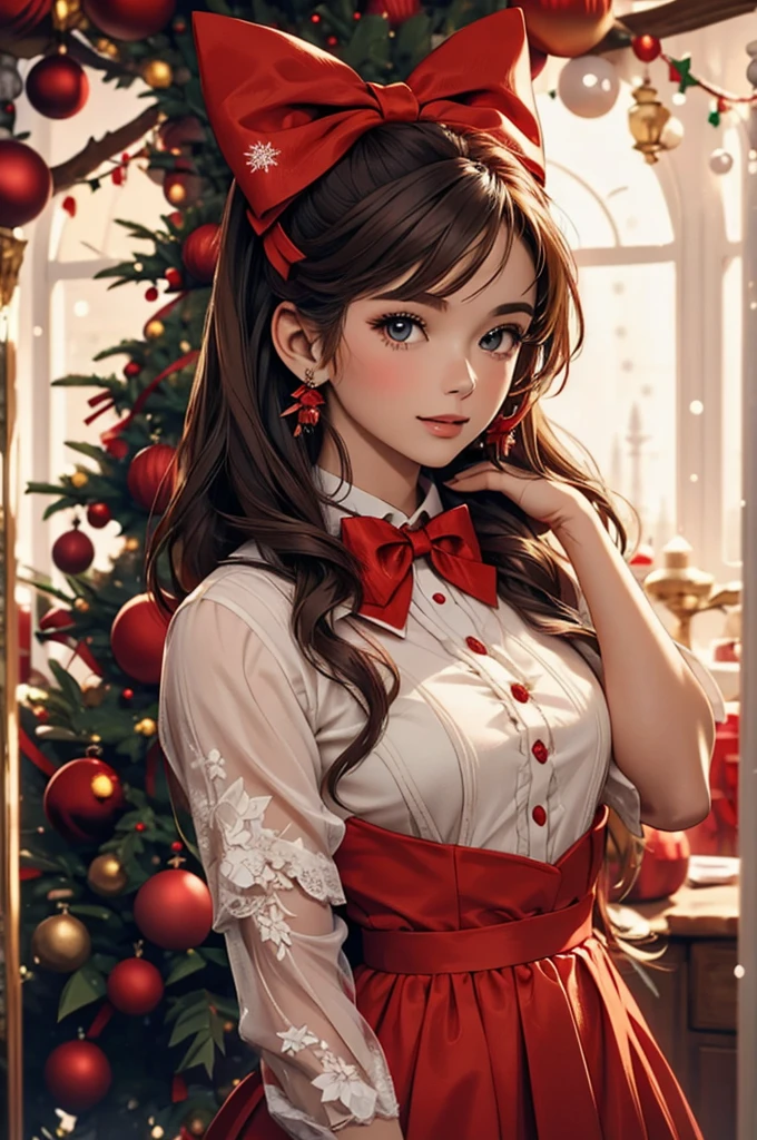 woman close up wearing a red bow in her hair near christmas tree, 1girl, long hair, bow, christmas tree, hair bow, red bow