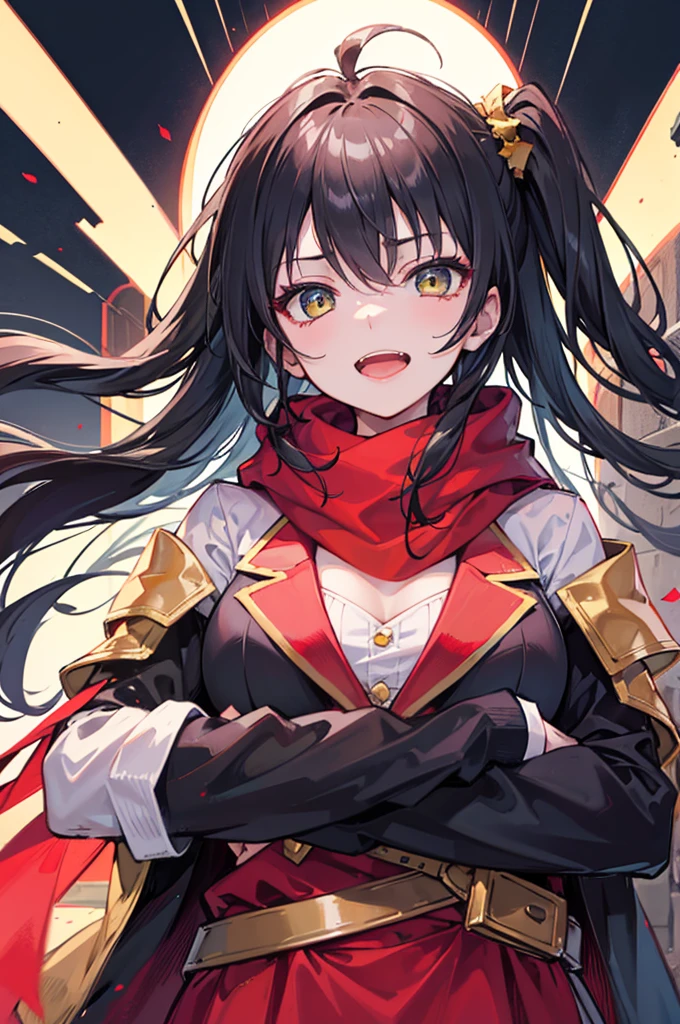portrait, one side up, long hair, black hair, stupid hair, passionate fool, girl, medium breasts, Laugh loudly and energetically, golden eyes, red cloth scarf, Black Jacket, hero, Arms crossed