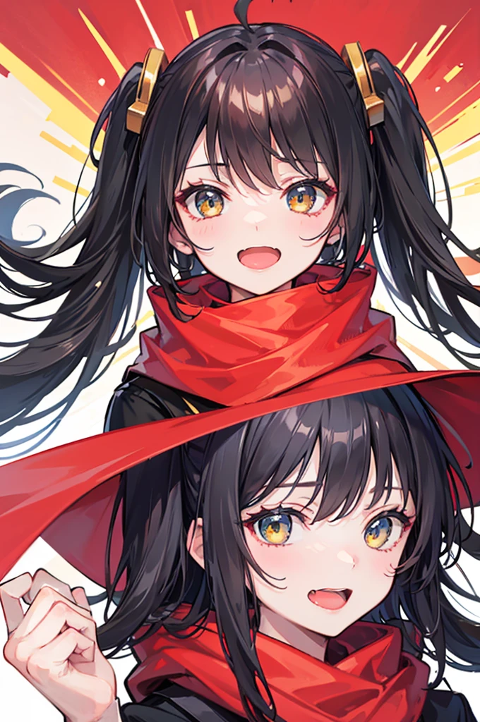 portrait, one side up, long hair, black hair, stupid hair, passionate fool, girl, medium breasts, Laugh loudly and energetically, golden eyes, red cloth scarf, Black Jacket, hero, Arms crossed