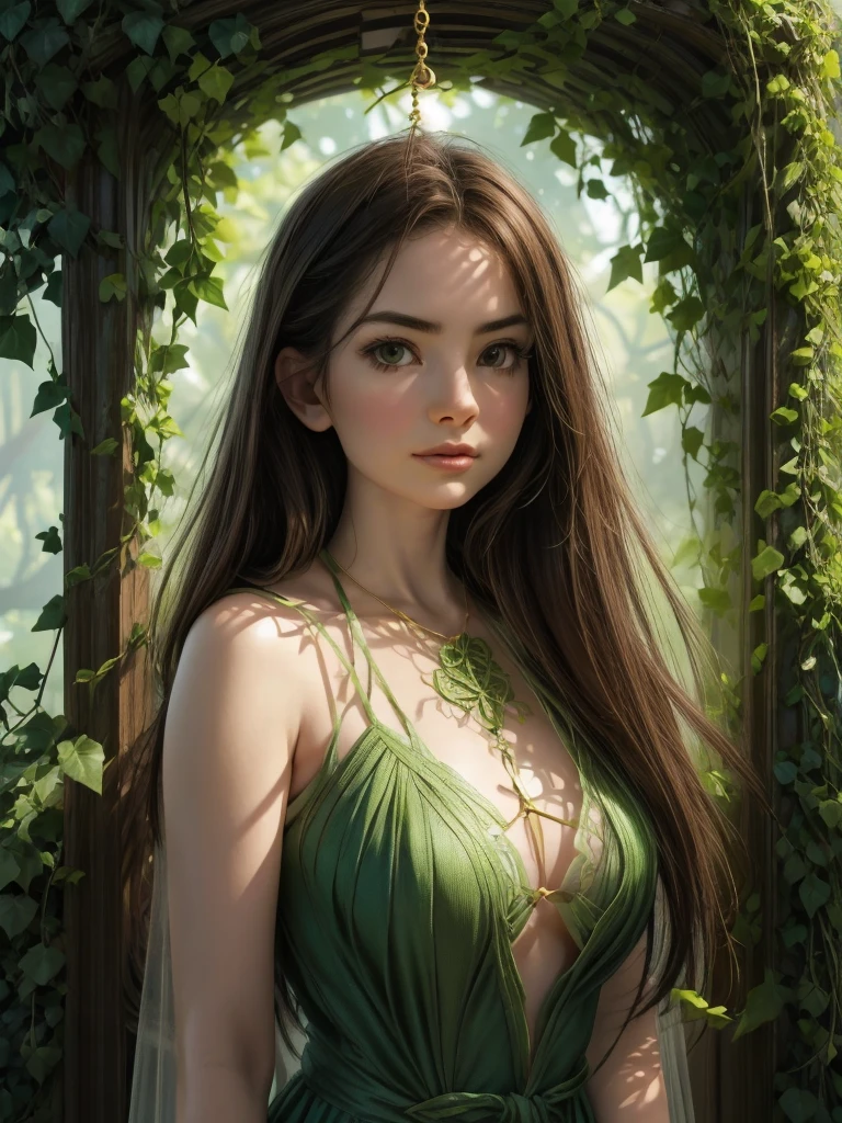Twisted ivy vines、Beautiful and intricate leaves、Clinging to the ivy vines_A woman in simple clothing、The delicate swing of the pendulum、green々and green leaves、Natural organic texture、Detailed botanical illustration、Cinematic lighting、Bright colors、Photorealistic、8k、High resolution、Detailed plant anatomy、Depth of written boundary、Natural light、Surreal