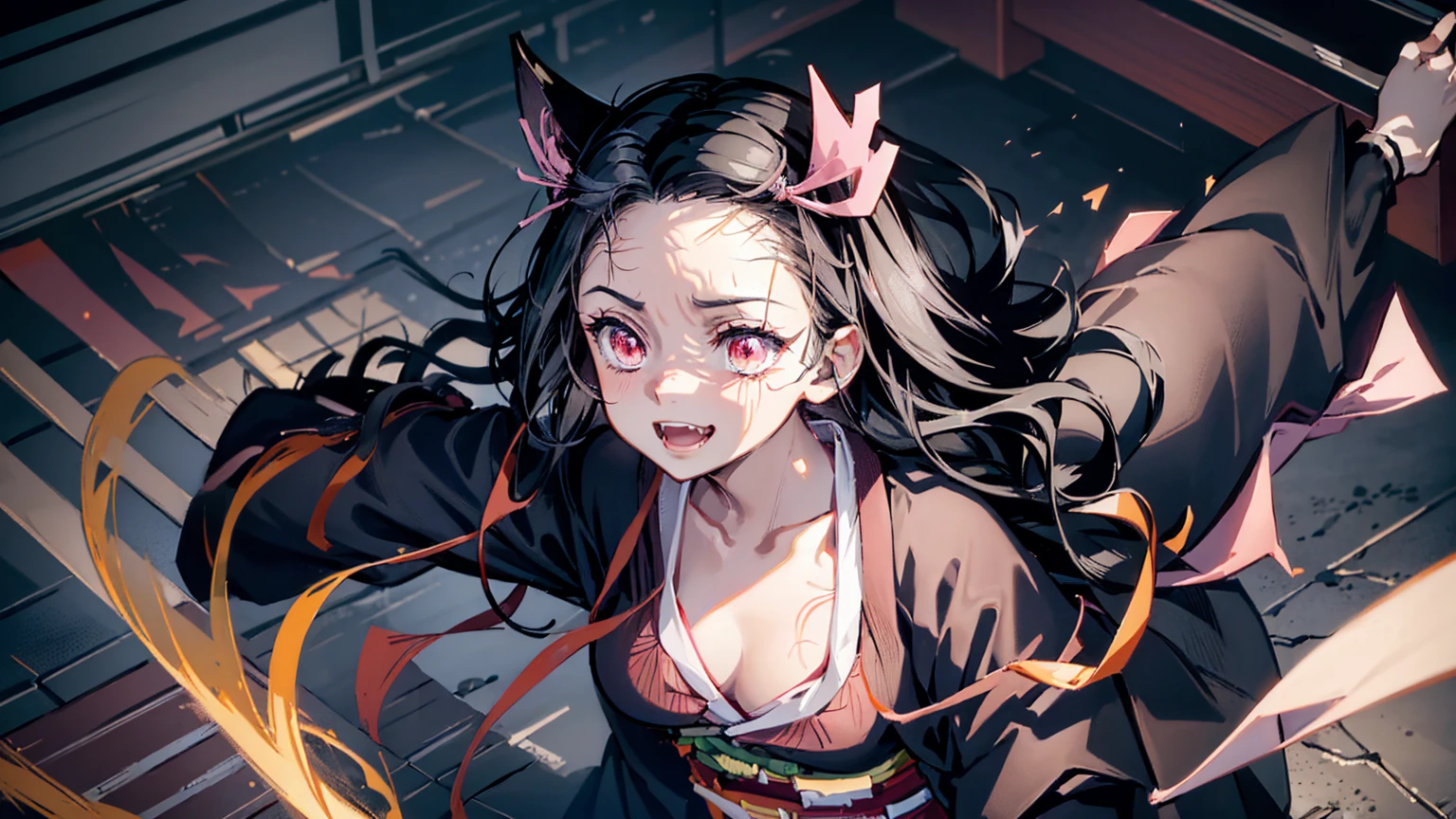 Nezuko kamado, black hair, hair bobbles, wince, longeyelashes, solid circle eyes, fake animal ears, light smile, ear blush, fang, ccurate, black hair, long hair, hair bow, glowing eyes, anime style, Surrealism, drop shadow, anaglyph, stereogram, tachi-e, pov, atmospheric perspective, 8k, super detail, best quality, anatomically correct, anatomically correct, UHD, high details, high quality