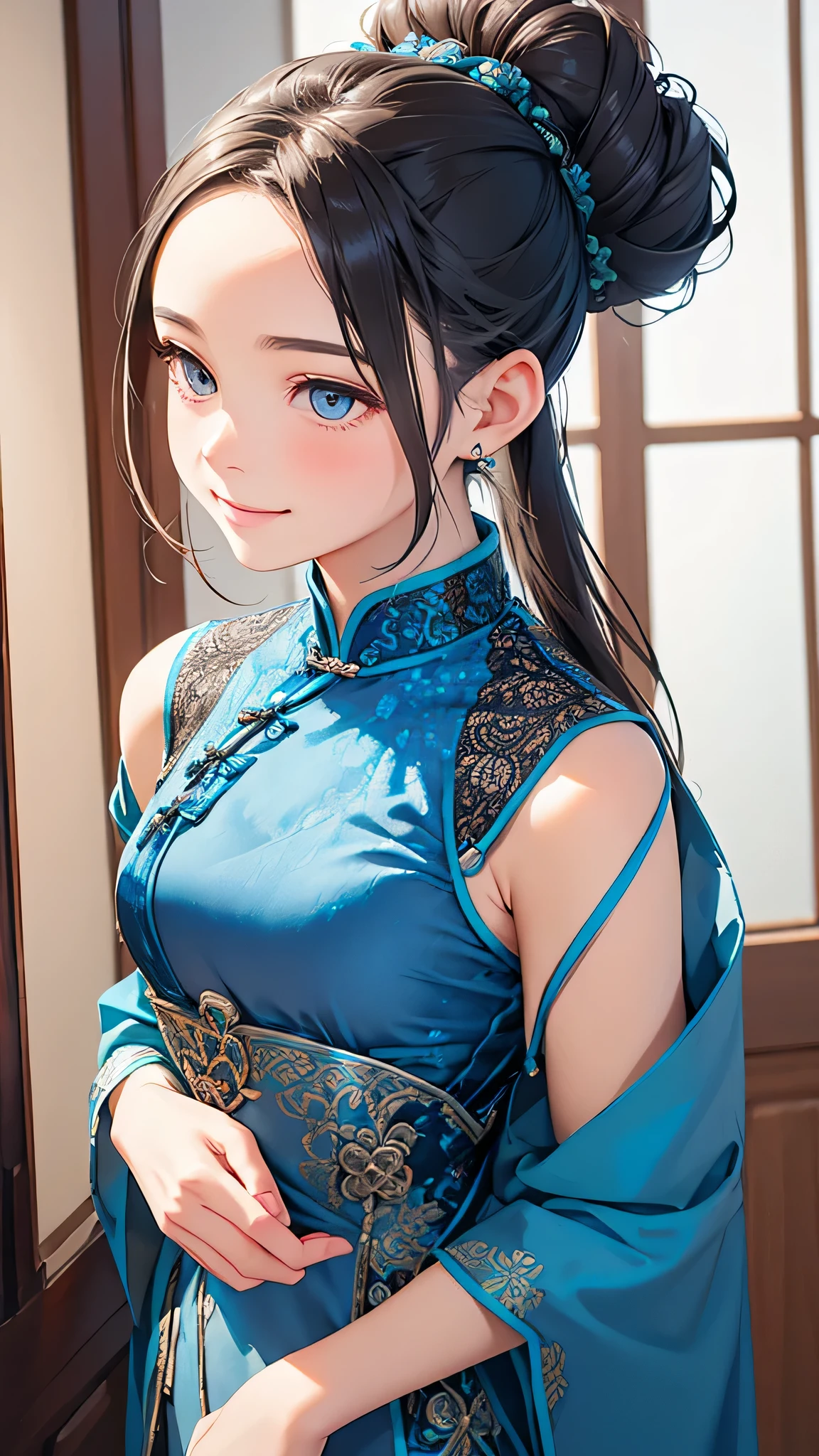 Highest quality、Realistic、girl、zoom、cute、Grey Eyes、Hair Bun、Chestnut Hair、Back to all、the forehead is protruding、Blue Chinese Dress、Looking down、Big smile、Bust Shot、thin、Small breasts