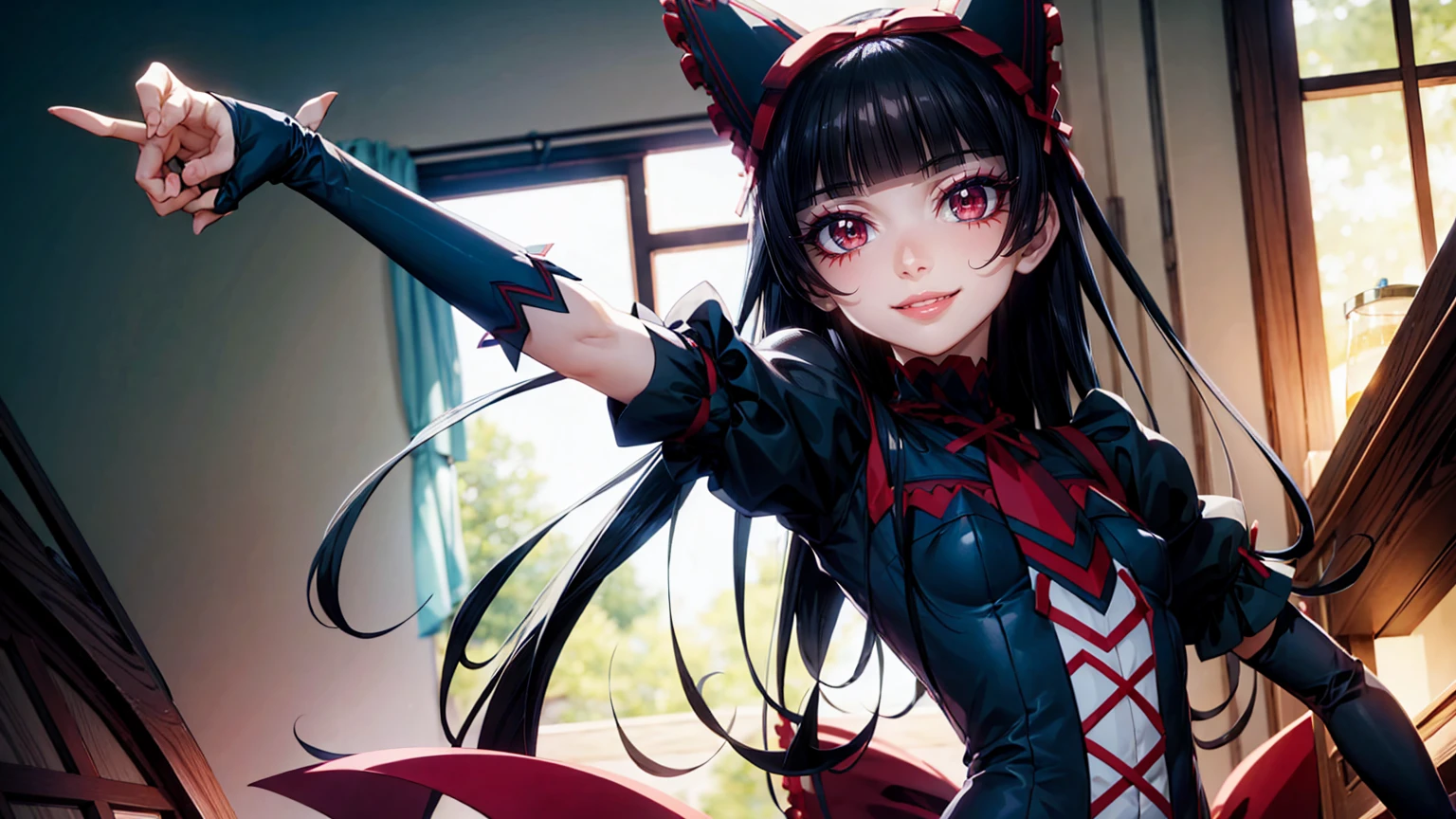 Rory Mercury, Rory Mercury, Black hair, blunt bangs, hime cut, hair ornament, black lipstick, very long hair, Pretty face, makeup, (small chest:1.2), (red eyes:1.5), BREAK Готическое нижнее белье, perfect body (small breasts:1.3) Hornny, Sexy, BREAK в полный рост, red shoes, BREAK Черные чулки, Черные перчатки BREAK, черные Hips, garter straps, gloves, gotik, Hair Bow, Detailed Gothic Fashion, puffy short sleeves, puffy sleeves, short sleeves, Hips, BREAK, teyvat, Court of Fontaine, Fontaine, BREAK смотрит на зрителя, BREAK (masterpiece:1.2), best quality, high resolution, Ultra HDR, Unity 8K wallpaper, (illustration:0.8), (beautiful detailed eyes:1.6), extremely detailed face, perfect lighting, Extremely detailed computer graphics, (perfect hands, Perfect Wrist, two arms, five fingers on the hand, red manicure, detailed fingers, perfect anatomy),